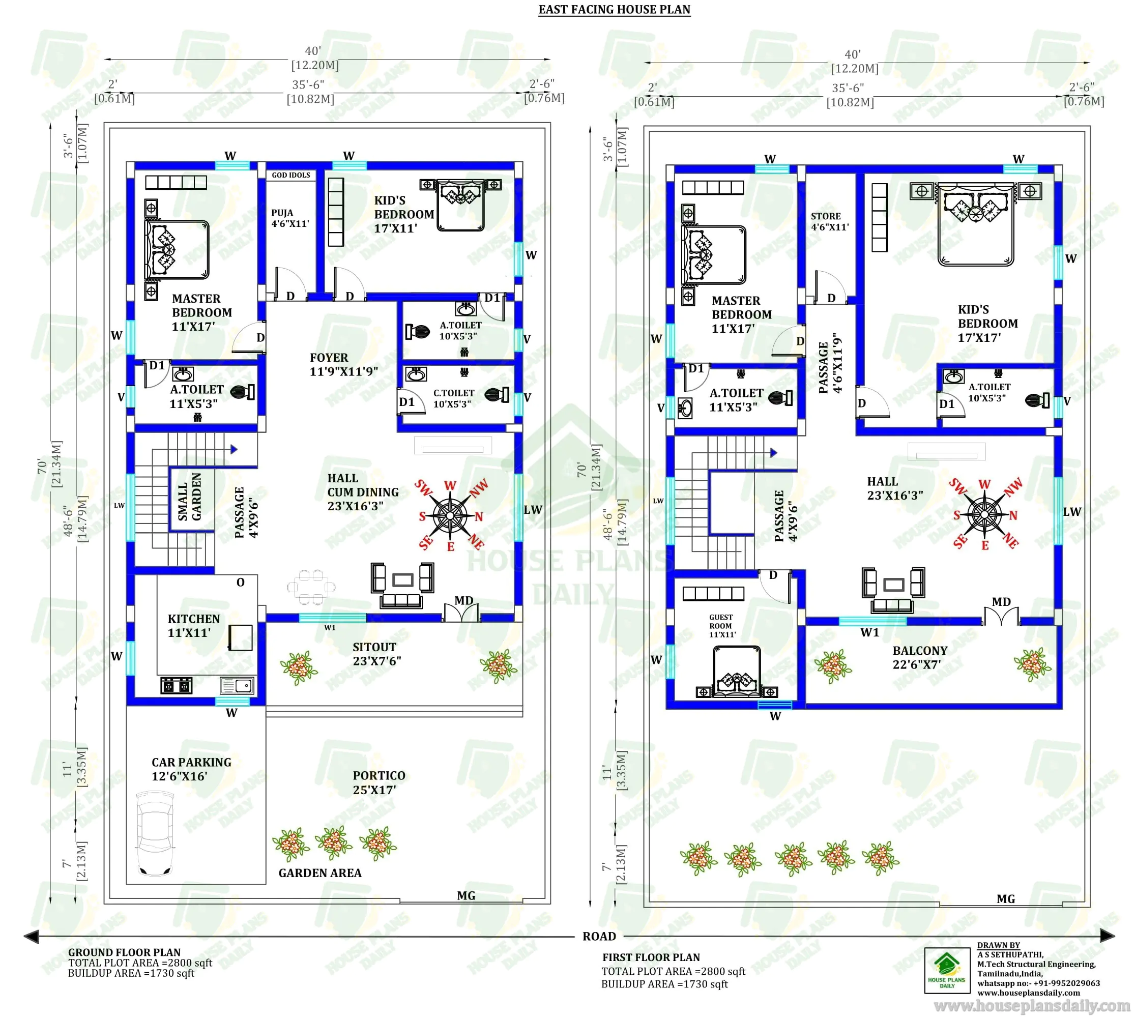 5BHK East Facing Duplex House Plan | 2800 Sqft House Design