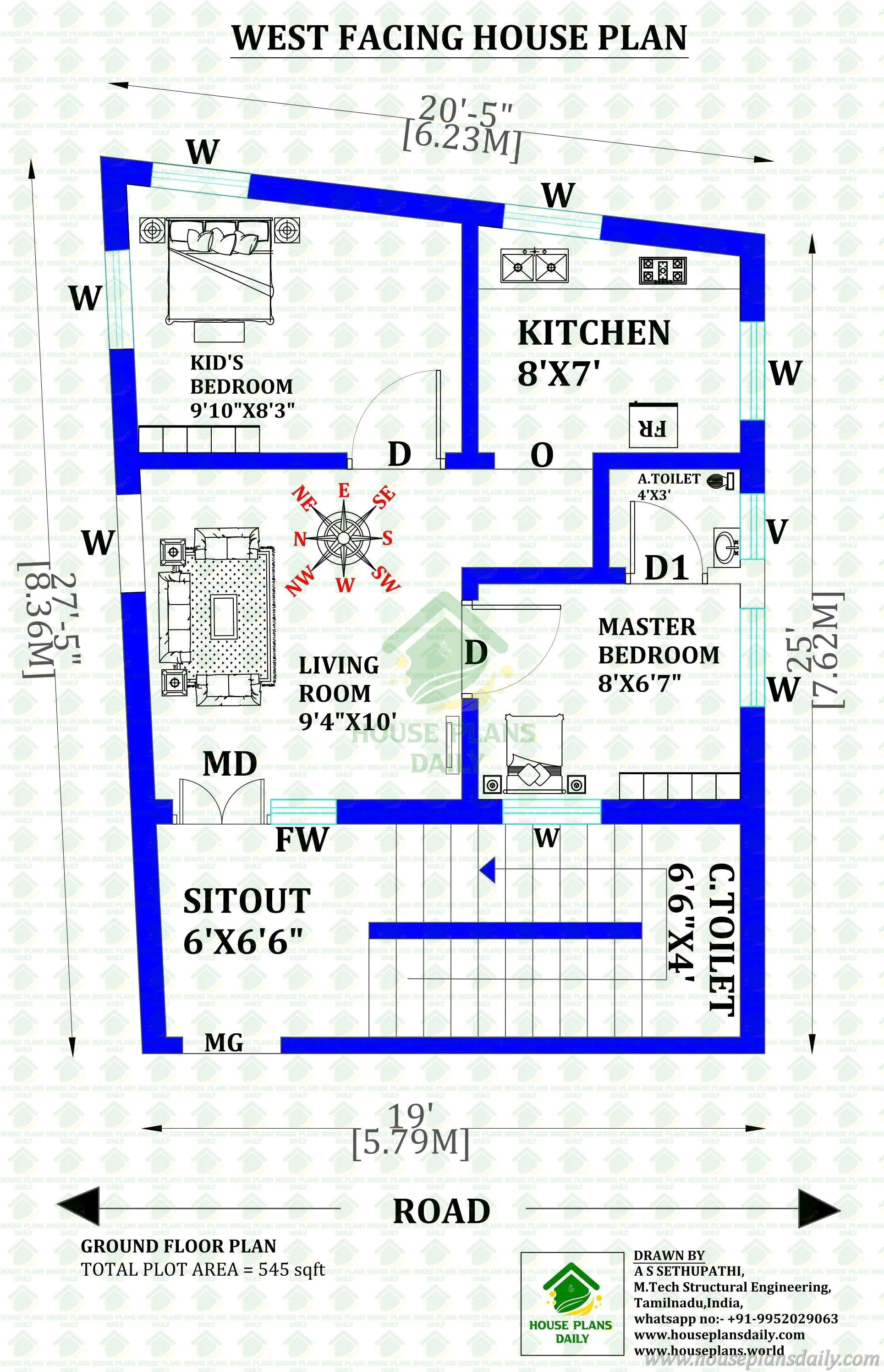 545 Sqft West Facing 2BHK Ground Floor House Plan