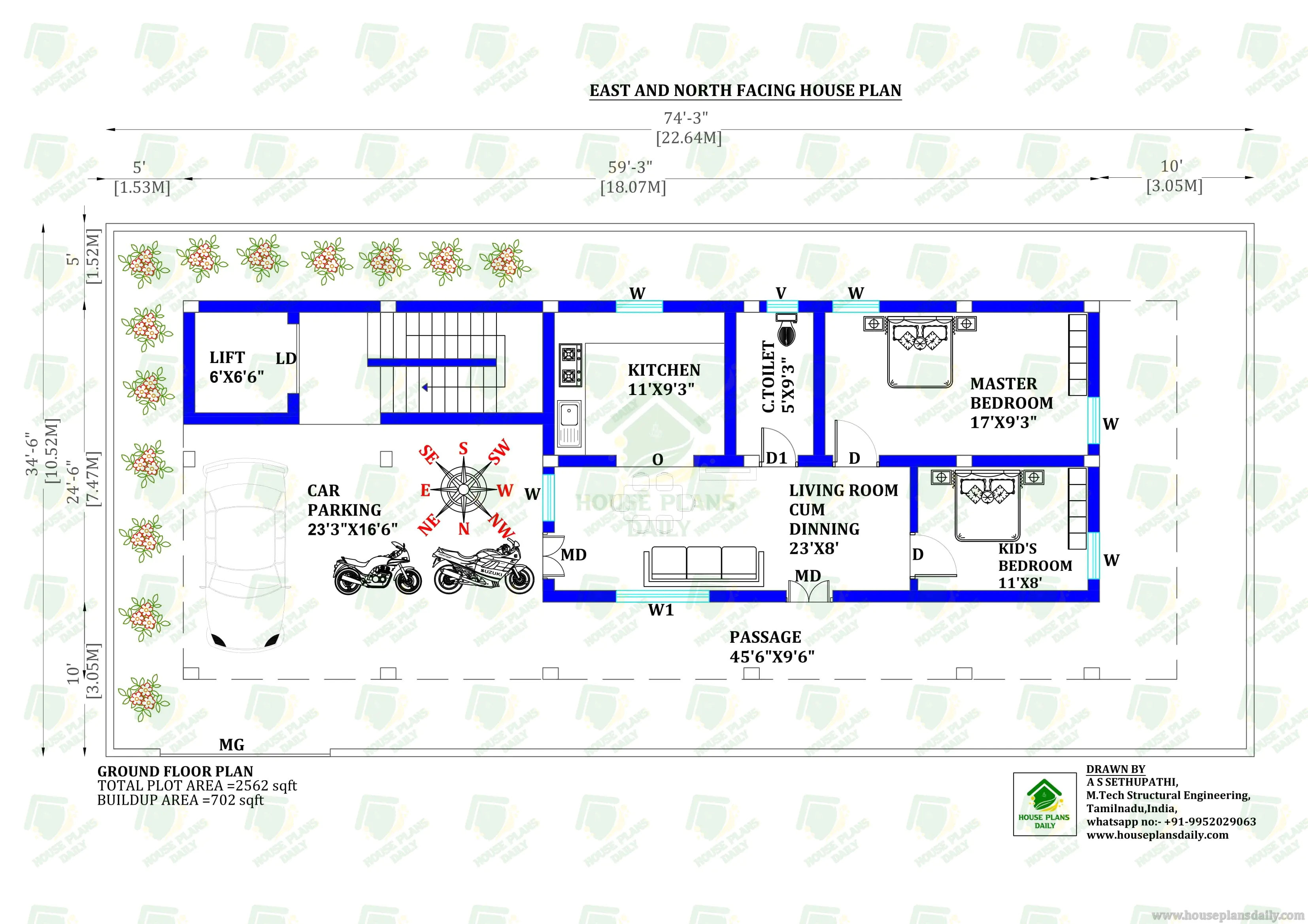G+3 East and North Facing House Plan | Four Story 2BHK & 3BHK Vastu Compliant Residential Design