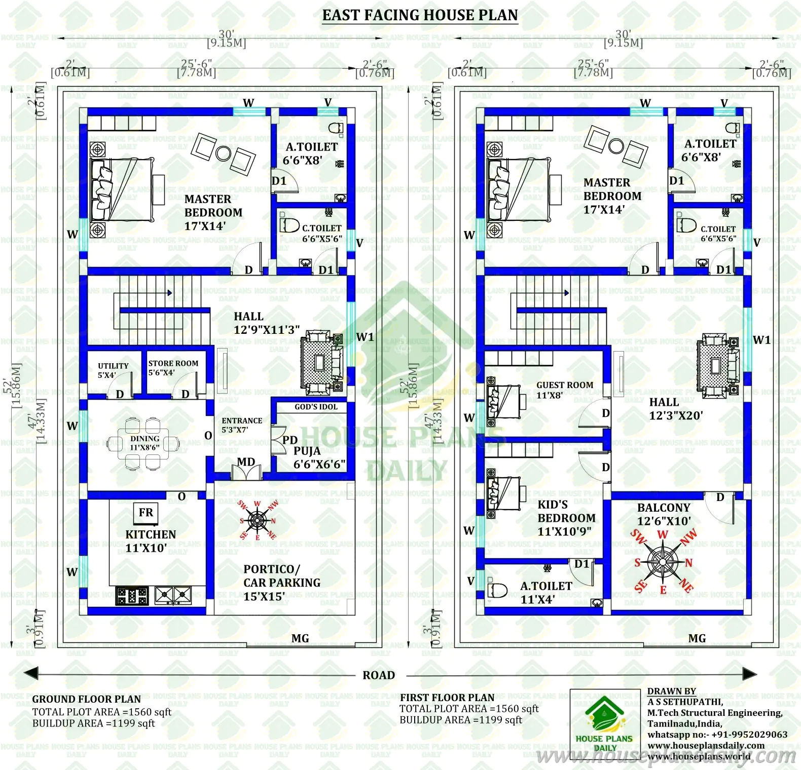 30×52 East Facing 4BHK Duplex House Plan | 1560 Sq Ft Plot