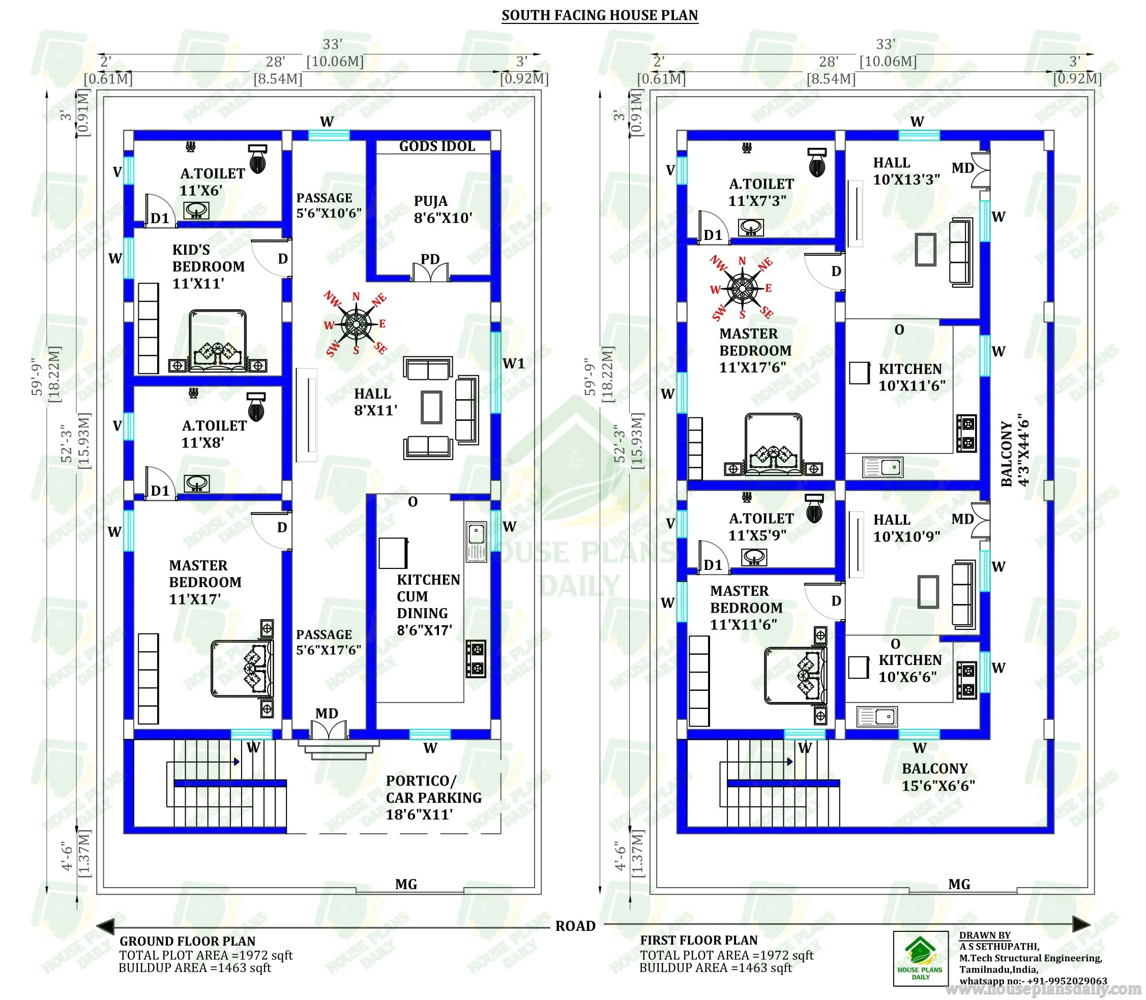 South Facing House Plan | Ground Floor & First Floor Independent Layout