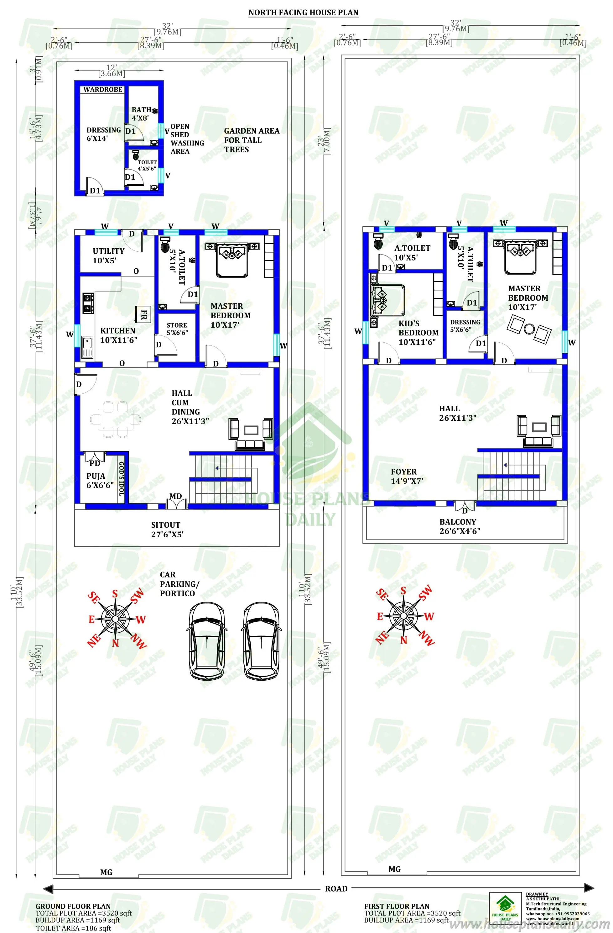 3500 Sqft North Facing 3 BHK Duplex House Plan | Two Storey Vastu Home Design with Car Parking