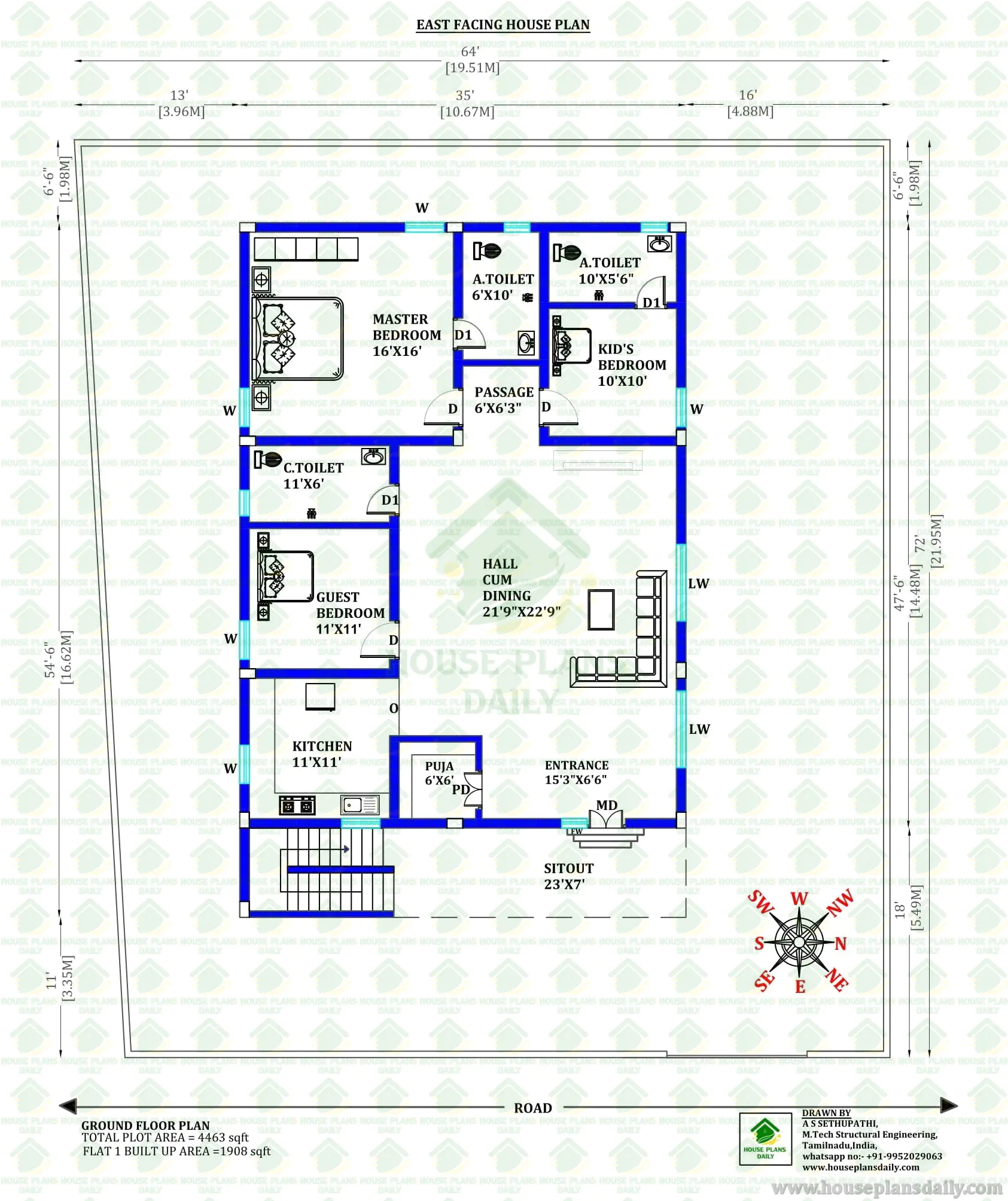 East Facing 3BHK Ground Floor House Plan Inspiration