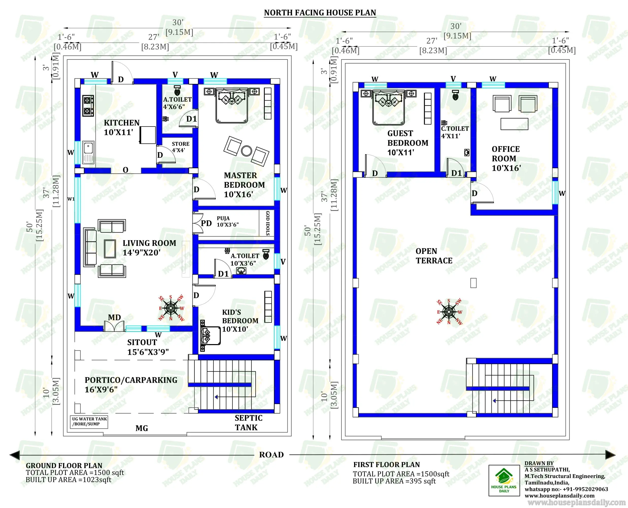 HOUSE PLAN WITH OFFICE | NORTH DIRECTION DUPLEX HOUSE PLAN
