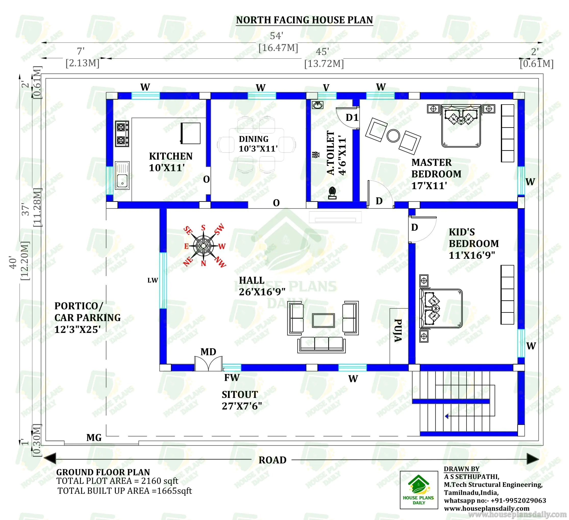 North Facing Ground Floor House Plan with Car Parking | 2160 Sq Ft Vastu Home Design