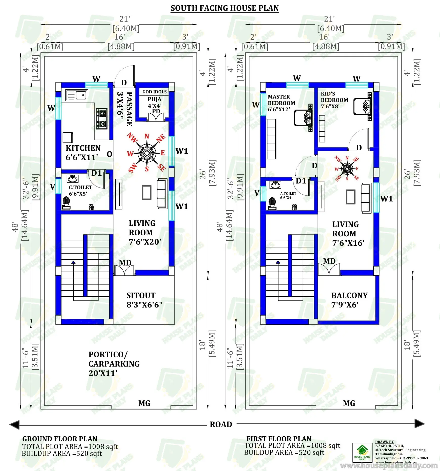 SOUTH FACING DUPLEX HOUSE PLAN | AFFORDABLE DUPLEX PLANS