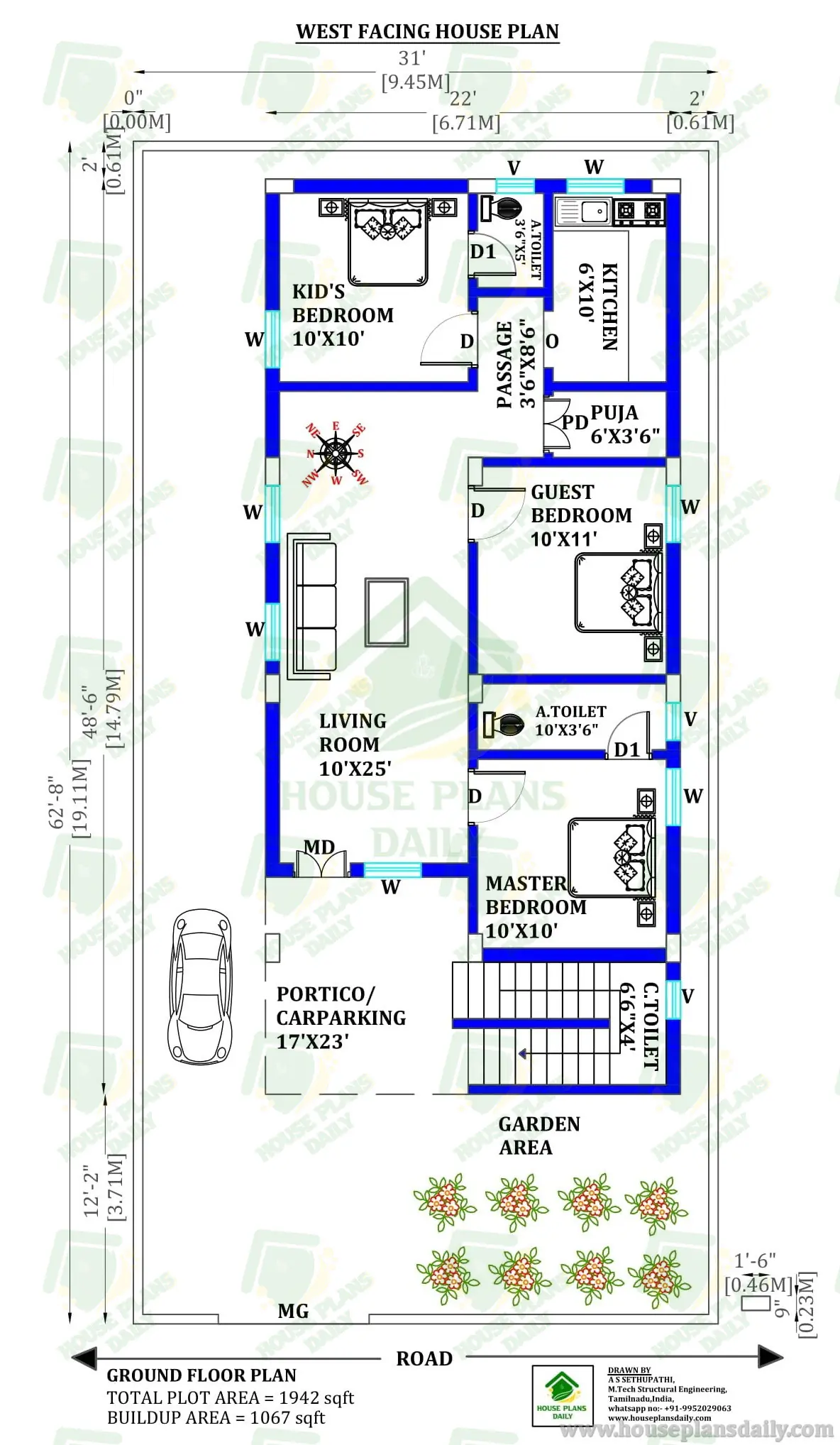 West Facing Ground Floor House Plan | 3 Bedroom 1900 Sq Ft Design