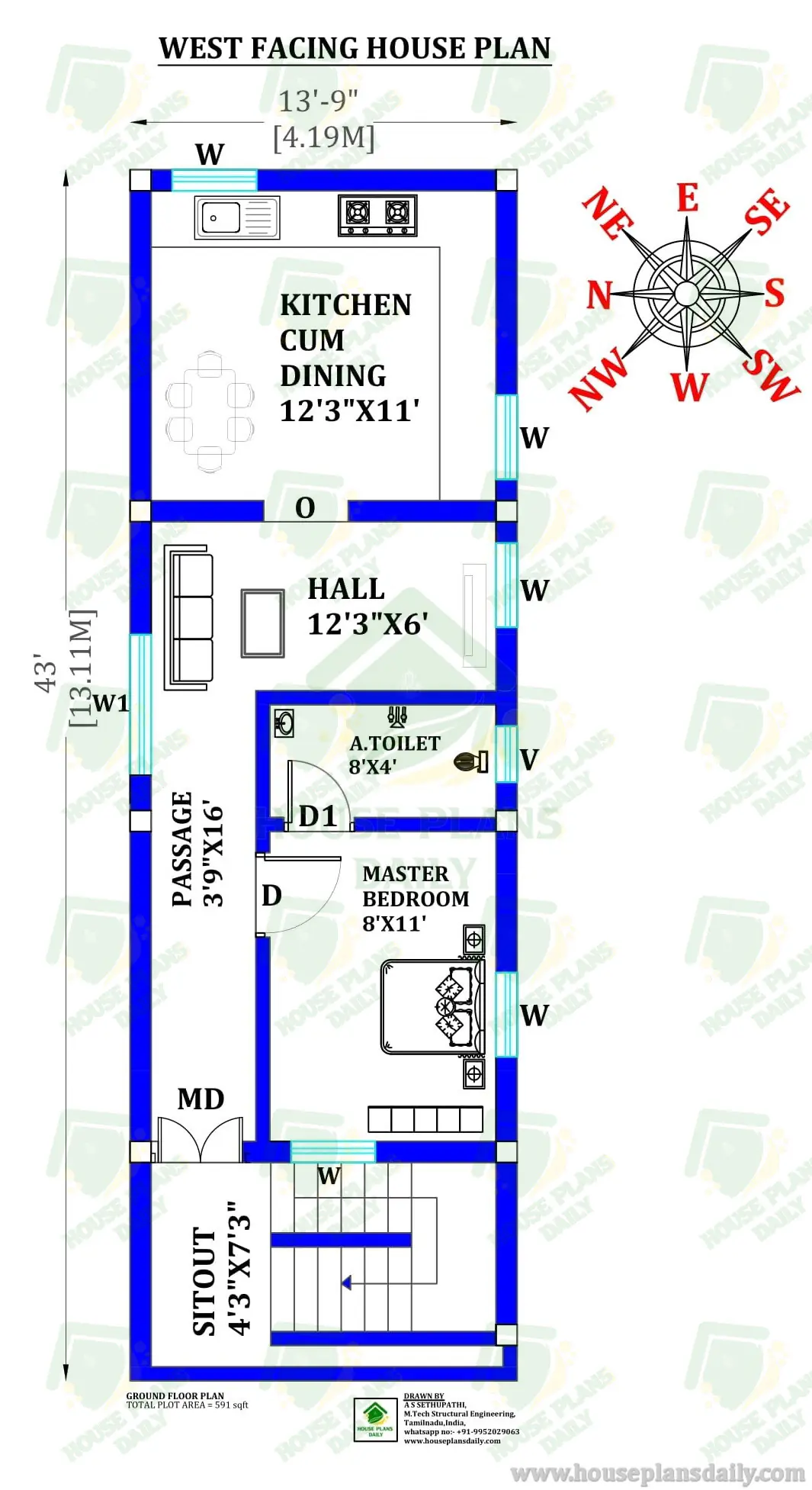 WEST FACING HOUSE PLAN UNDER 600 SQ FT | MODERN 1BHK HOME DESIGN WITH VASTU