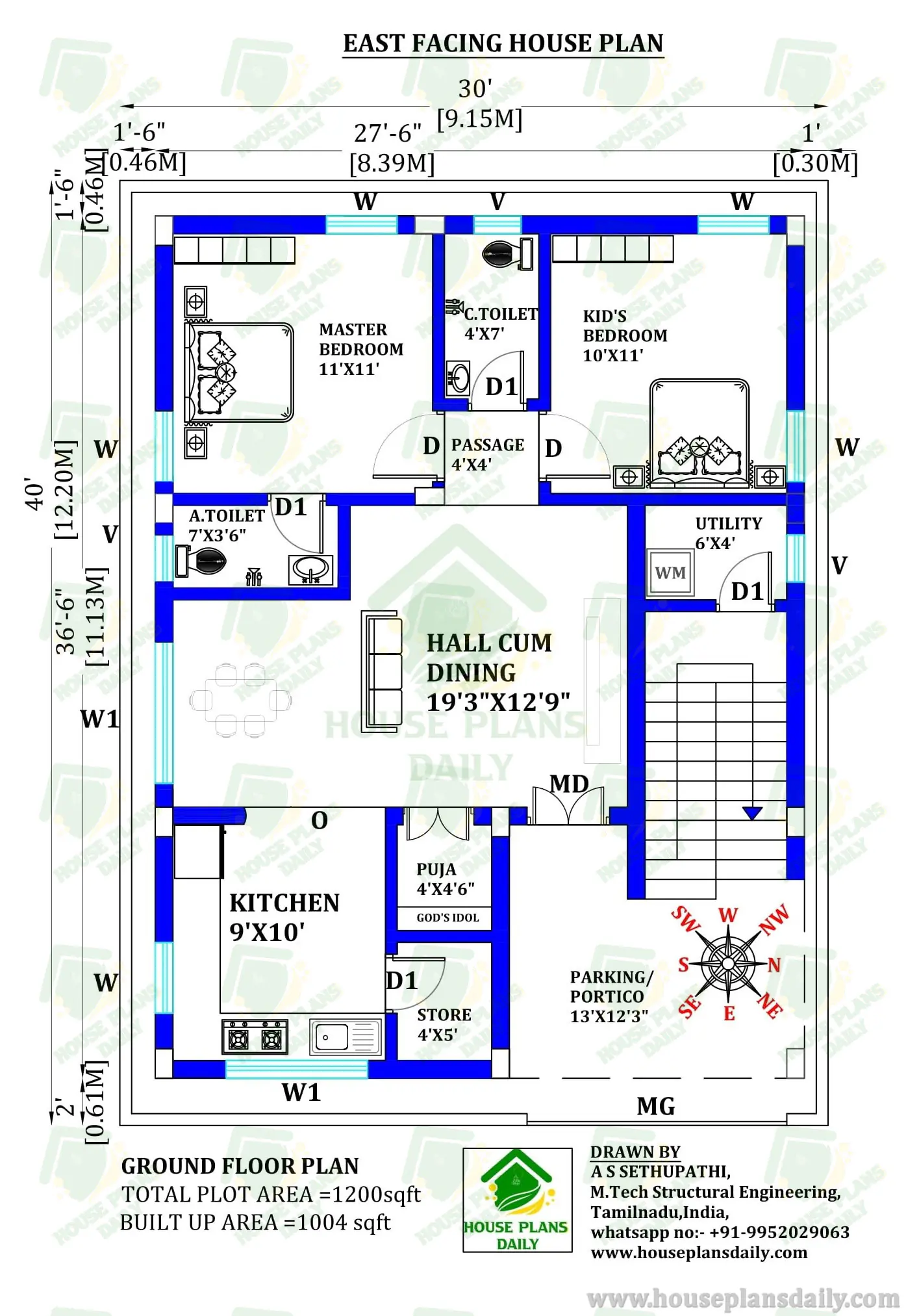 30X40 EAST FACING HOUSE PLAN | SINGLE FLOOR HOUSE PLAN WITH STRUCTURAL DRAWING