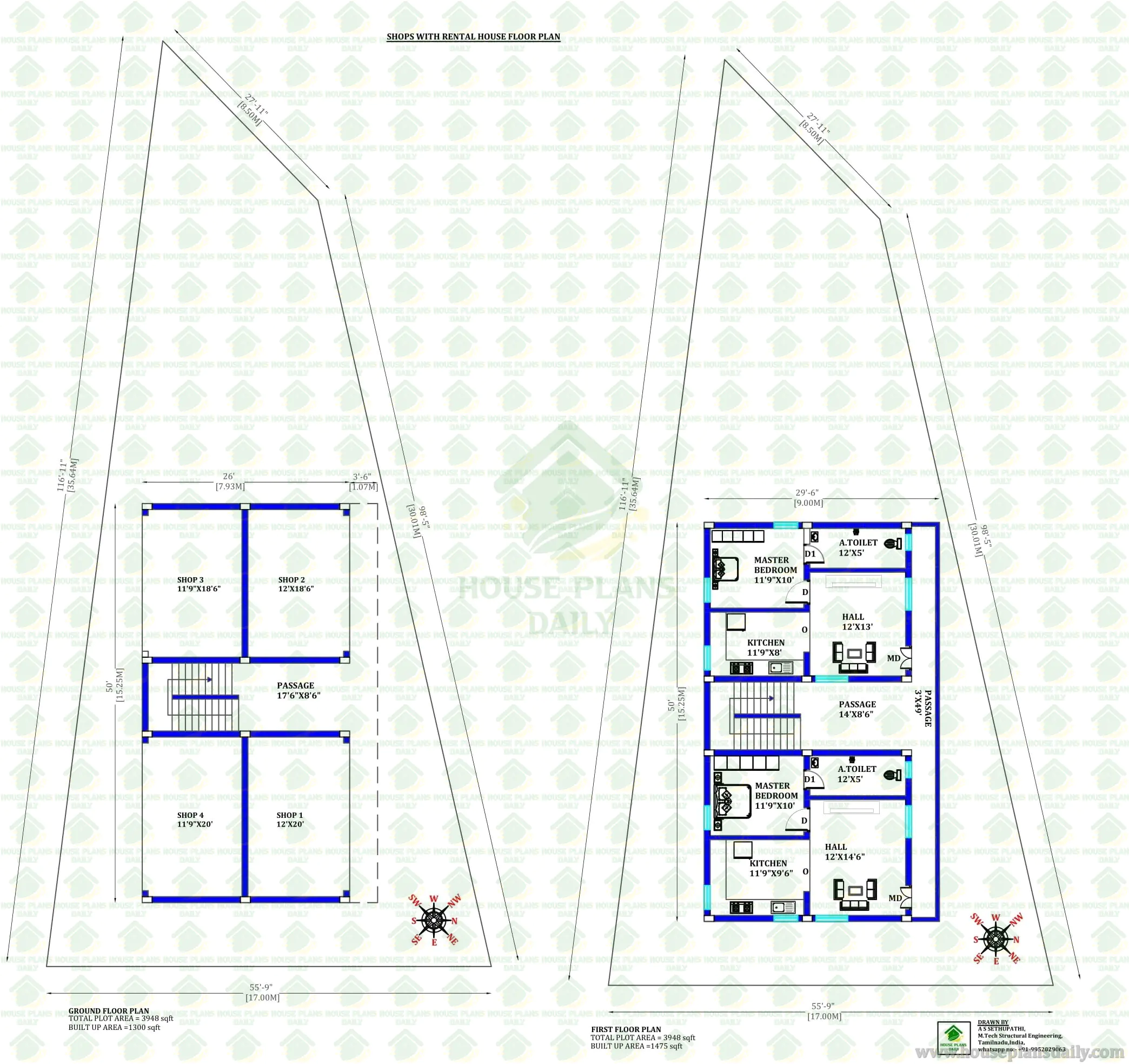 House cum Shop Floor Plan | 4 Shops with 2 Rental 1BHK House Design