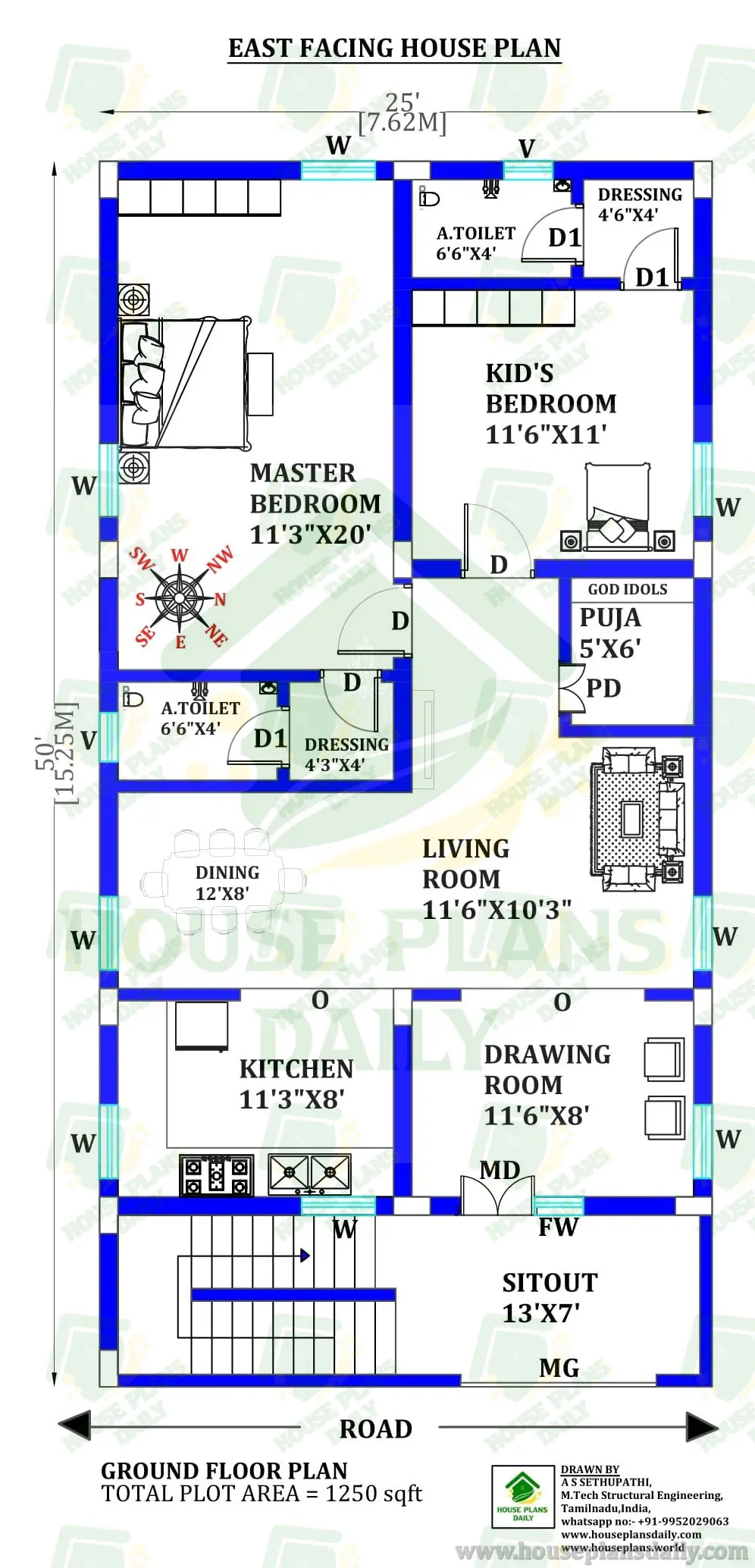 East Facing 25×50 Ground Floor 2BHK House Plan with Puja Room | 1250 Sq Ft Vastu Home