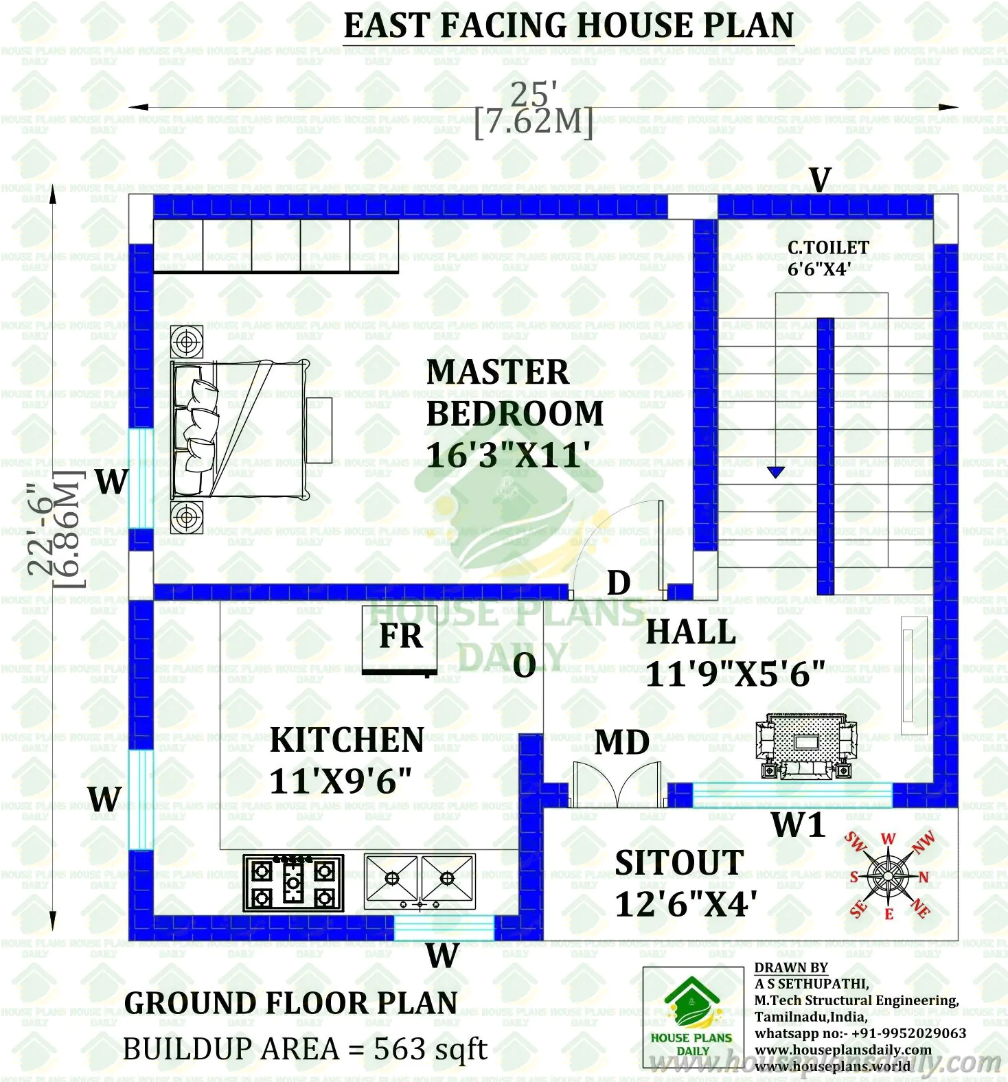 25x22 East Facing 1BHK House Plan | Under 600 Sqft Vastu