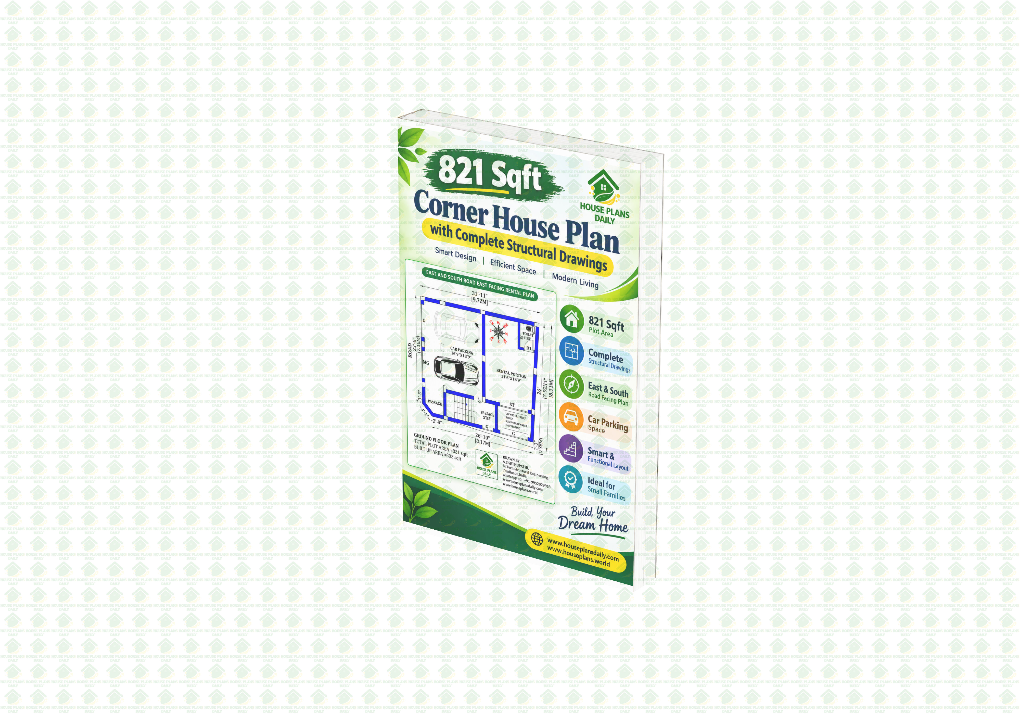 821 Sqft Corner House Plan with Complete Structural Drawings