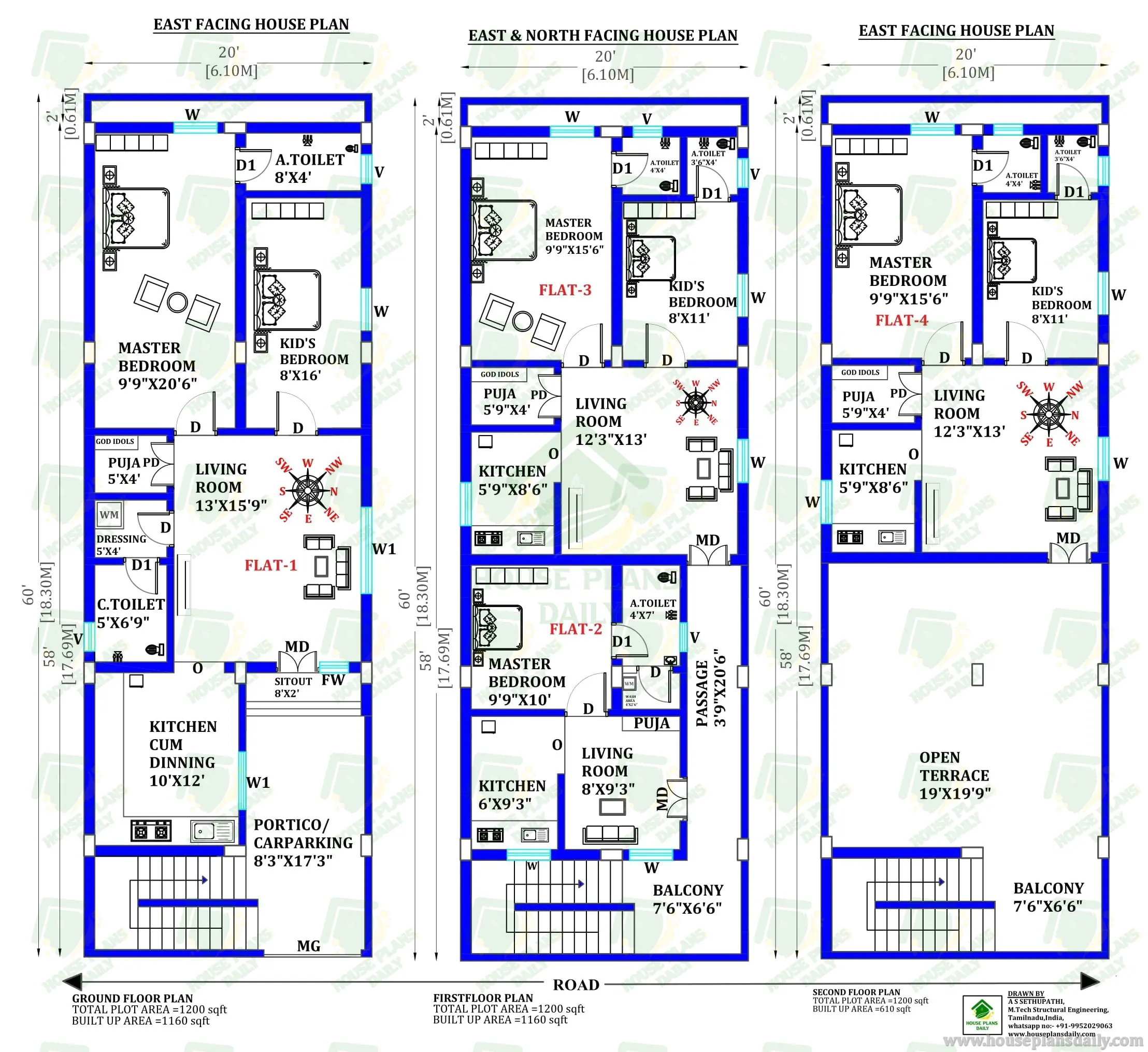 1200 SQFT EAST & NORTH FACING HOUSE PLAN WITH CAR PARKING AND MULTIPLE FLATS