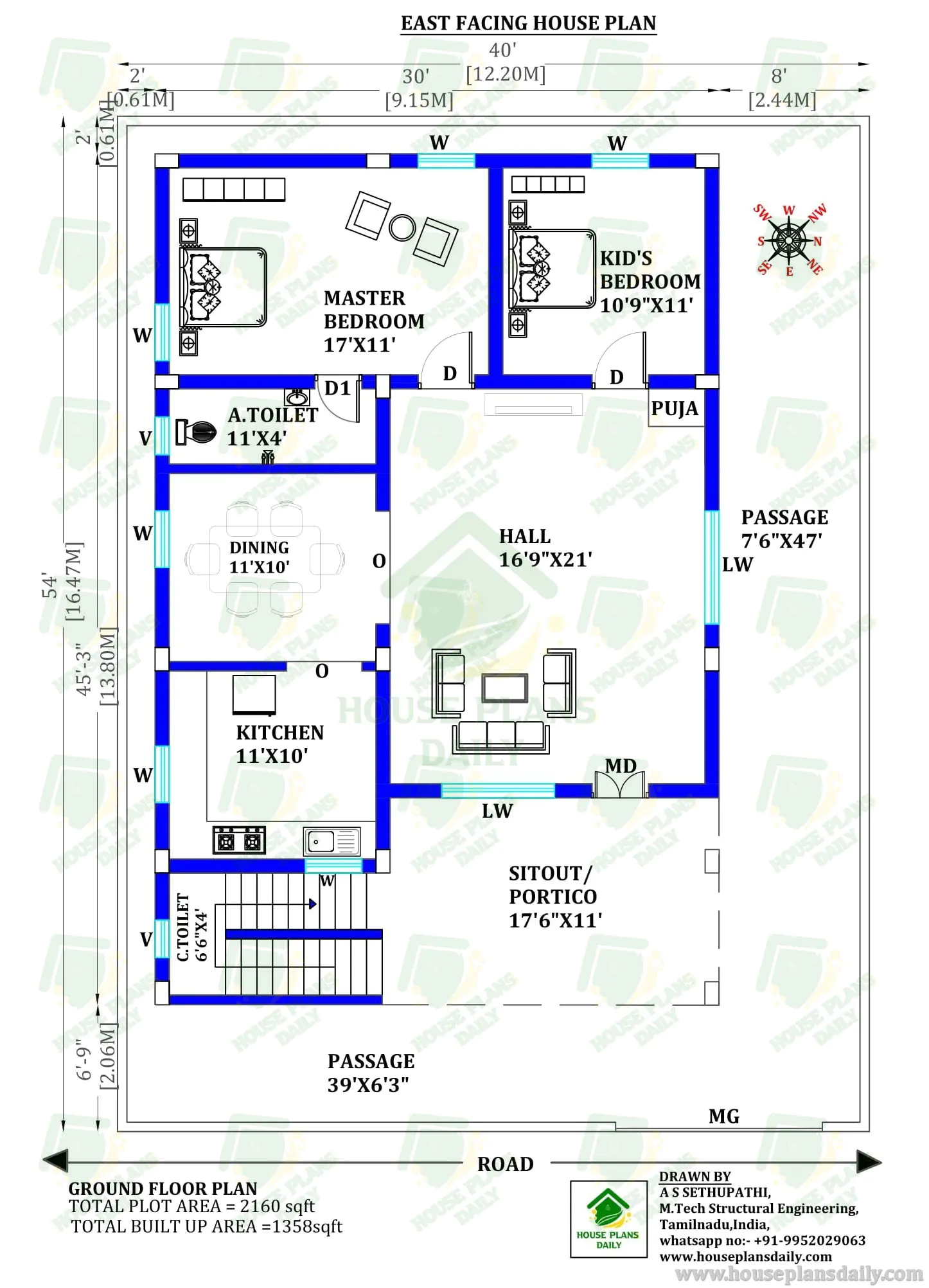 2BHK East Facing House Plan as Per Vastu | 40x54  Single Floor Home Design
