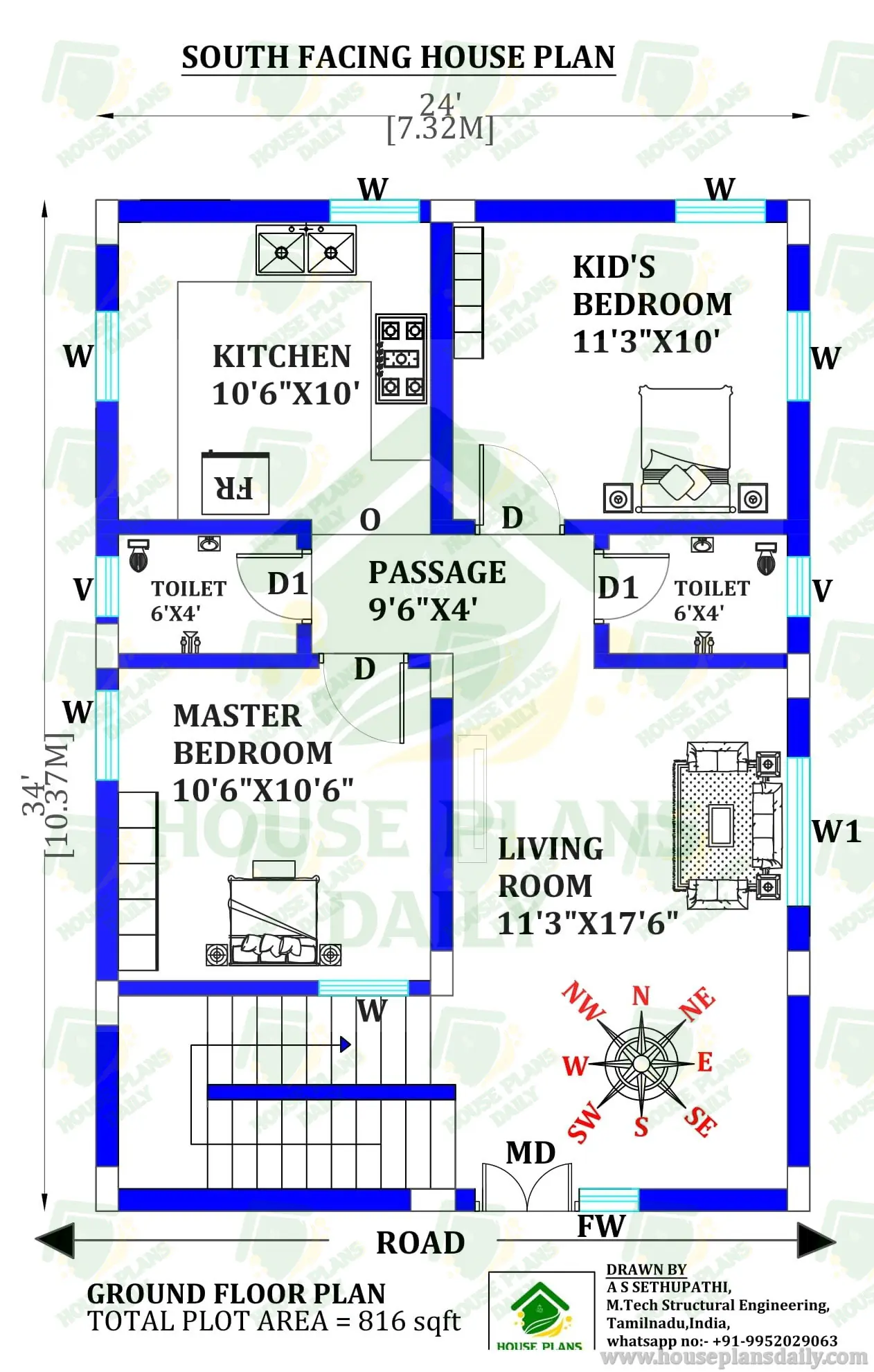 South Facing 2BHK House Plan | Vastu-Compliant Ground Floor Home Design