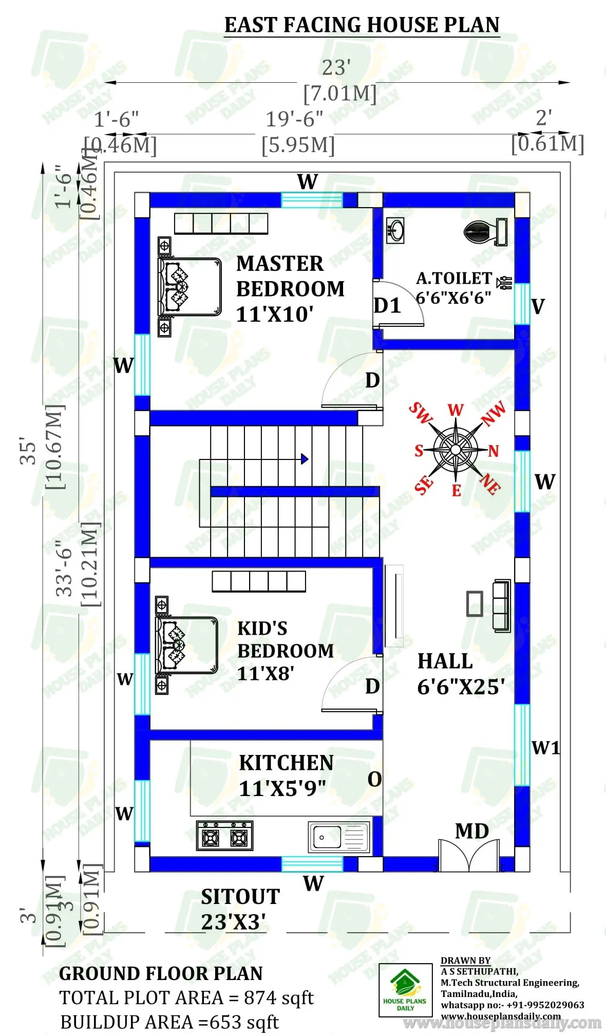 East Facing House Plan | 2 Bedroom Vastu House Plan