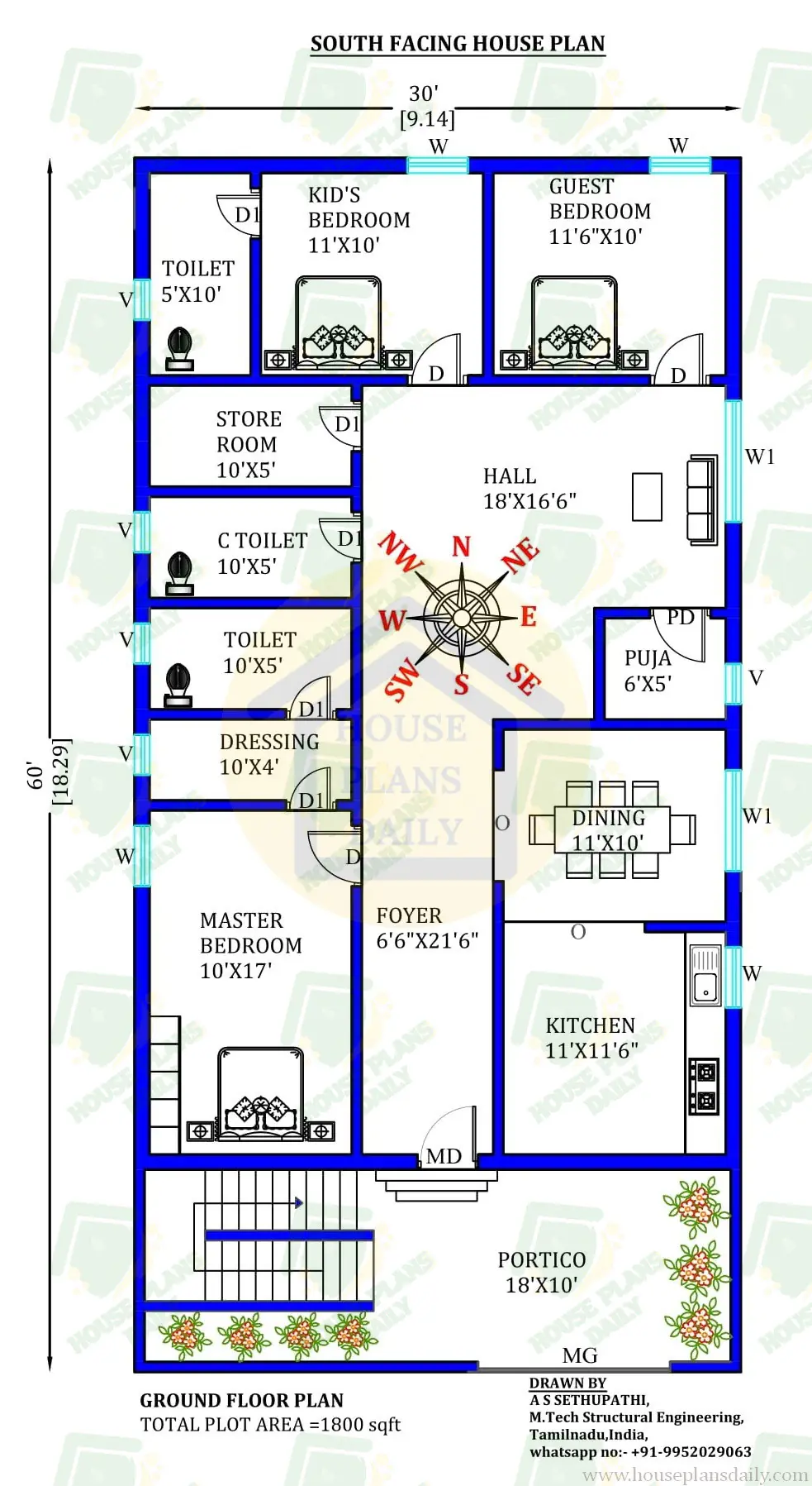 Dakshin Mukhi Ghar Ka Naksha | 30x60 Home Design As Per Vastu