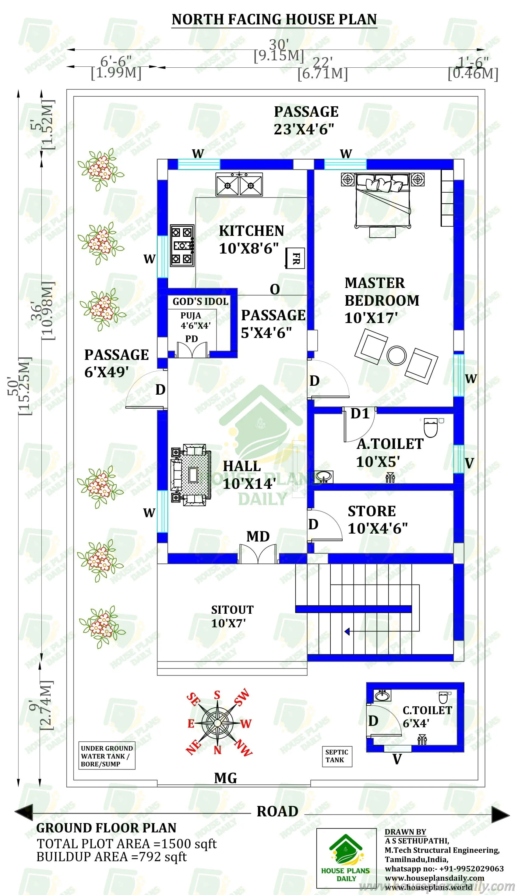 30×50 North Facing 1 BHK House Plan as per Vastu | 1500 Sqft Ground Floor Layout