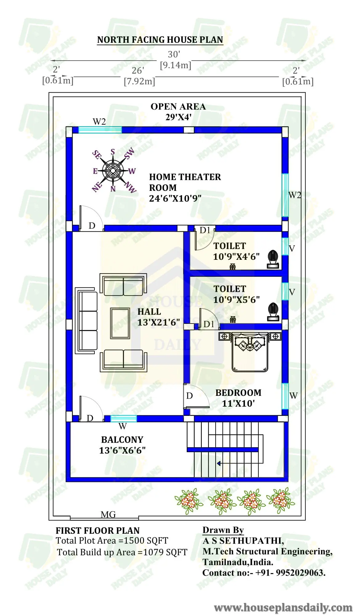 30x50 Simple North Facing Bungalow Design | North Facing Villa Plan