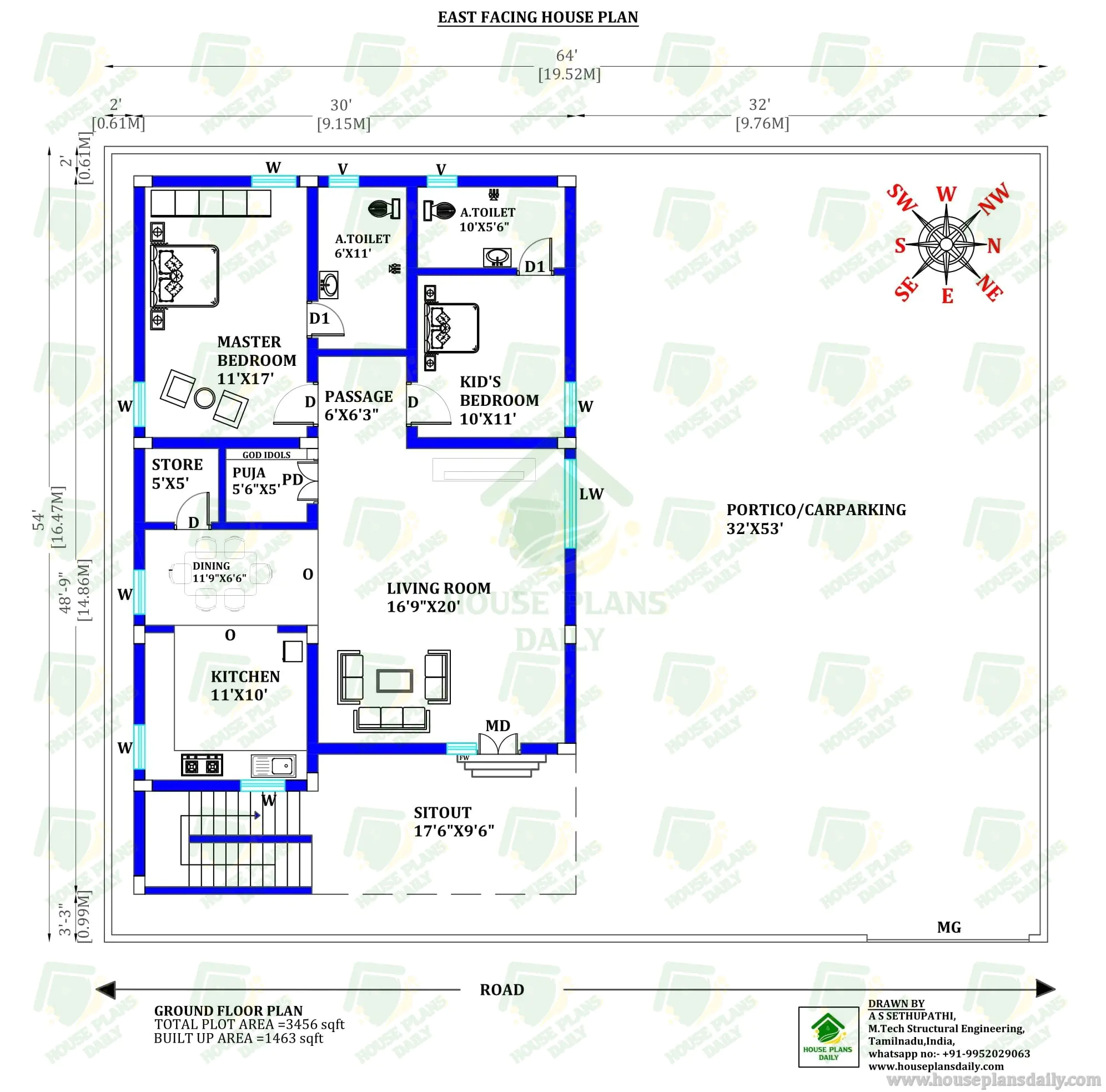 East Facing Ground Floor House Plan | 2BHK Vastu Home