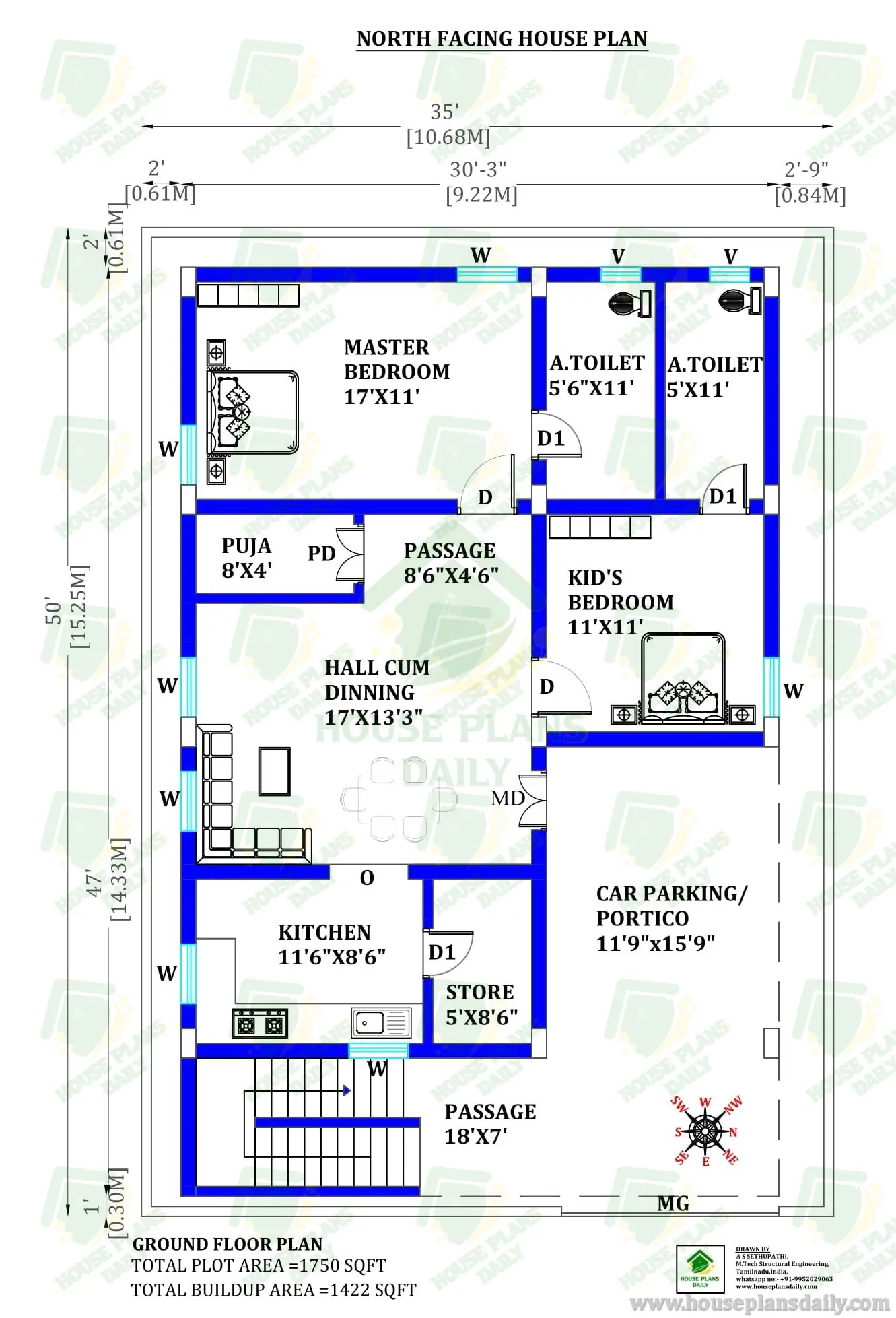35×50 North Facing House Plan | 2BHK Vastu Ground Floor Design