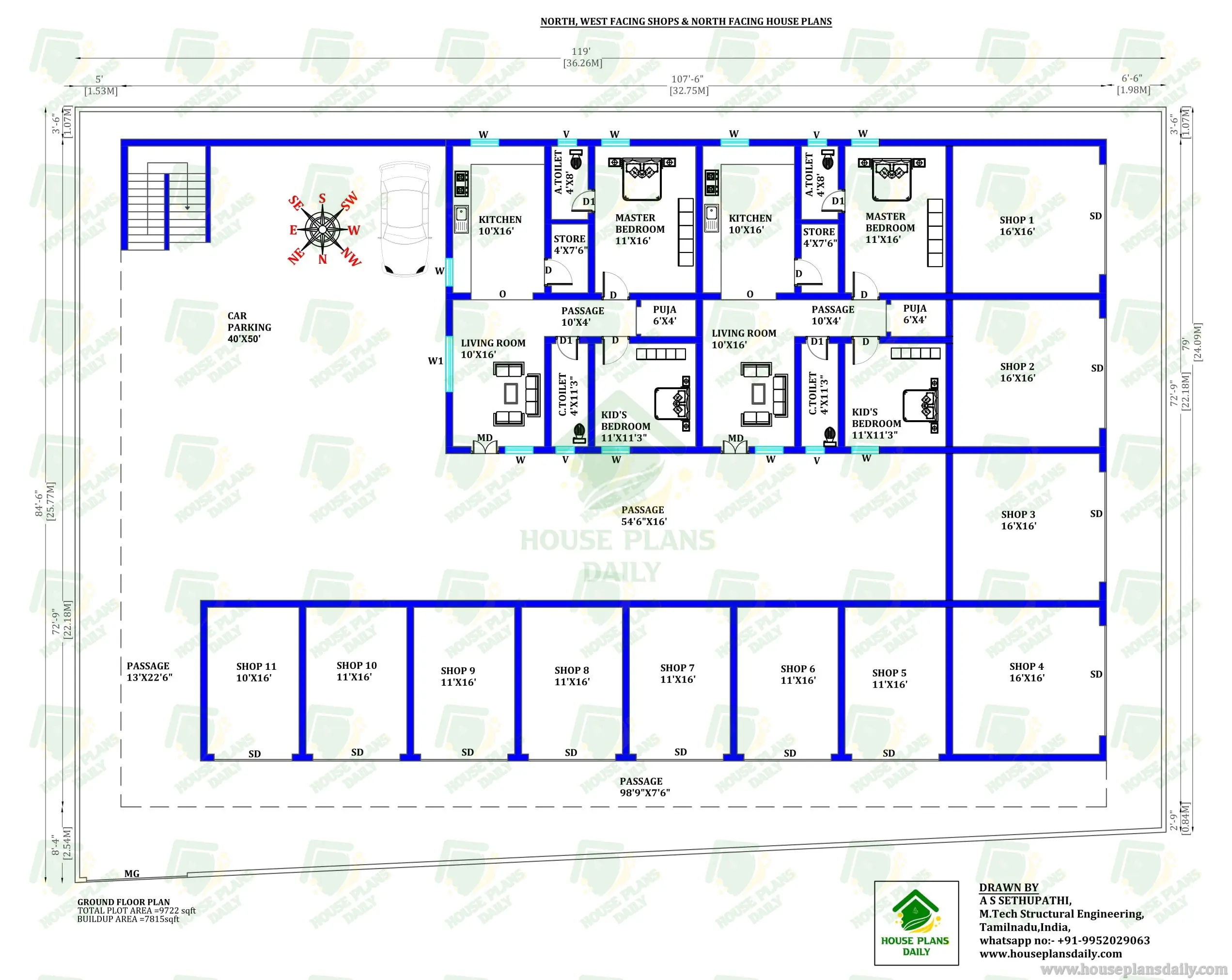 NORTH WEST FACING SHOPS | NORTH FACING APARTMENT HOUSE PLAN