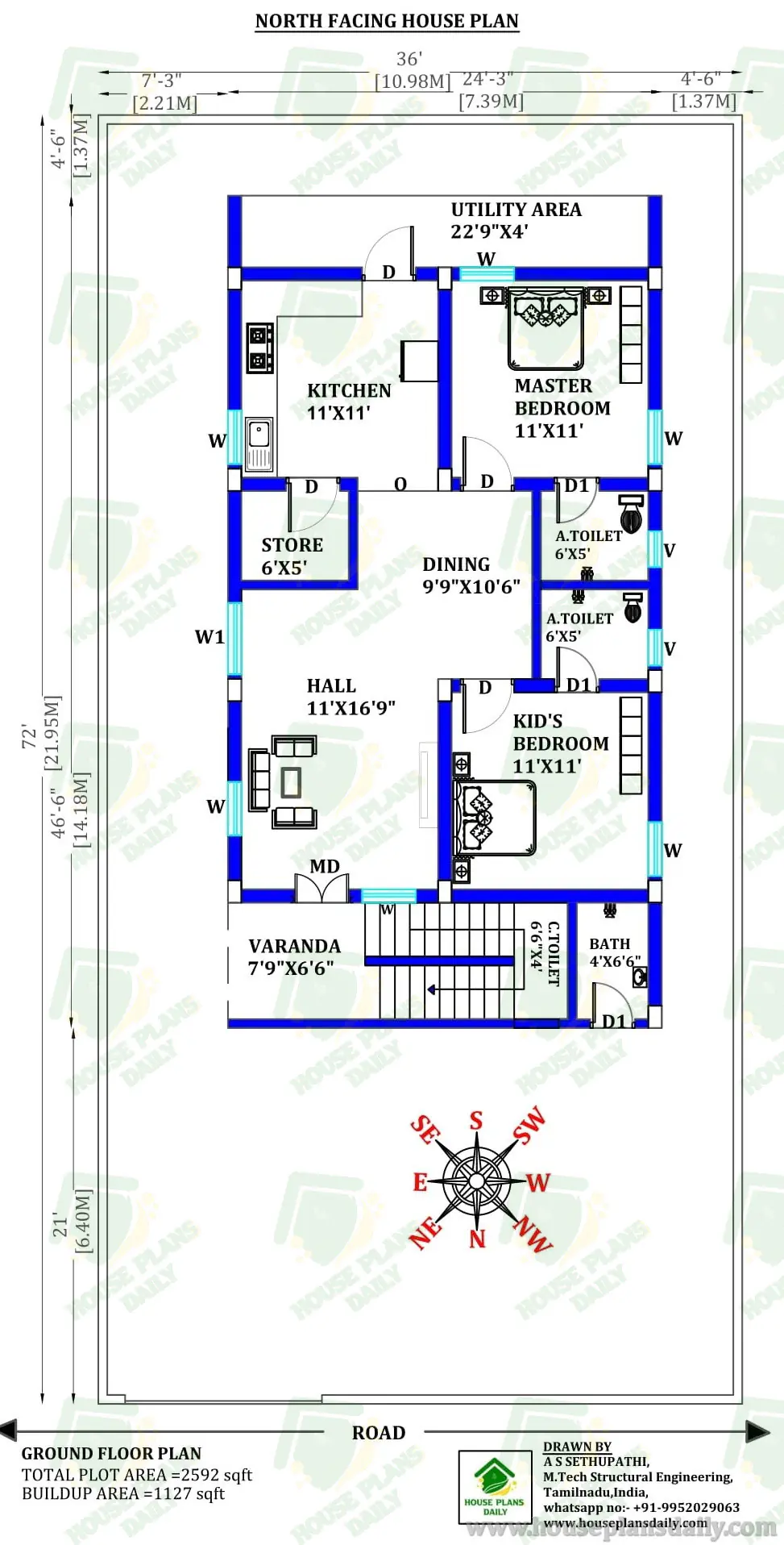 NORTH FACING VASTU HOUSE PLAN | GROUND FLOOR LAYOUT