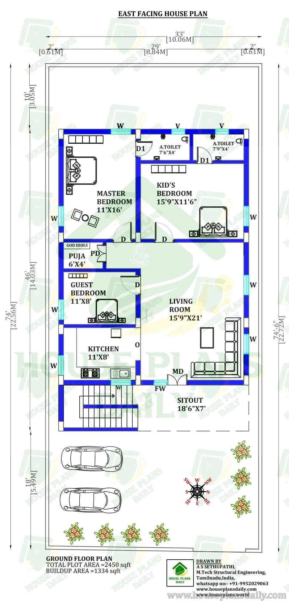 East Facing 2BHK House Plan | 2450 Sqft Ground Floor with Vastu & Car Parking