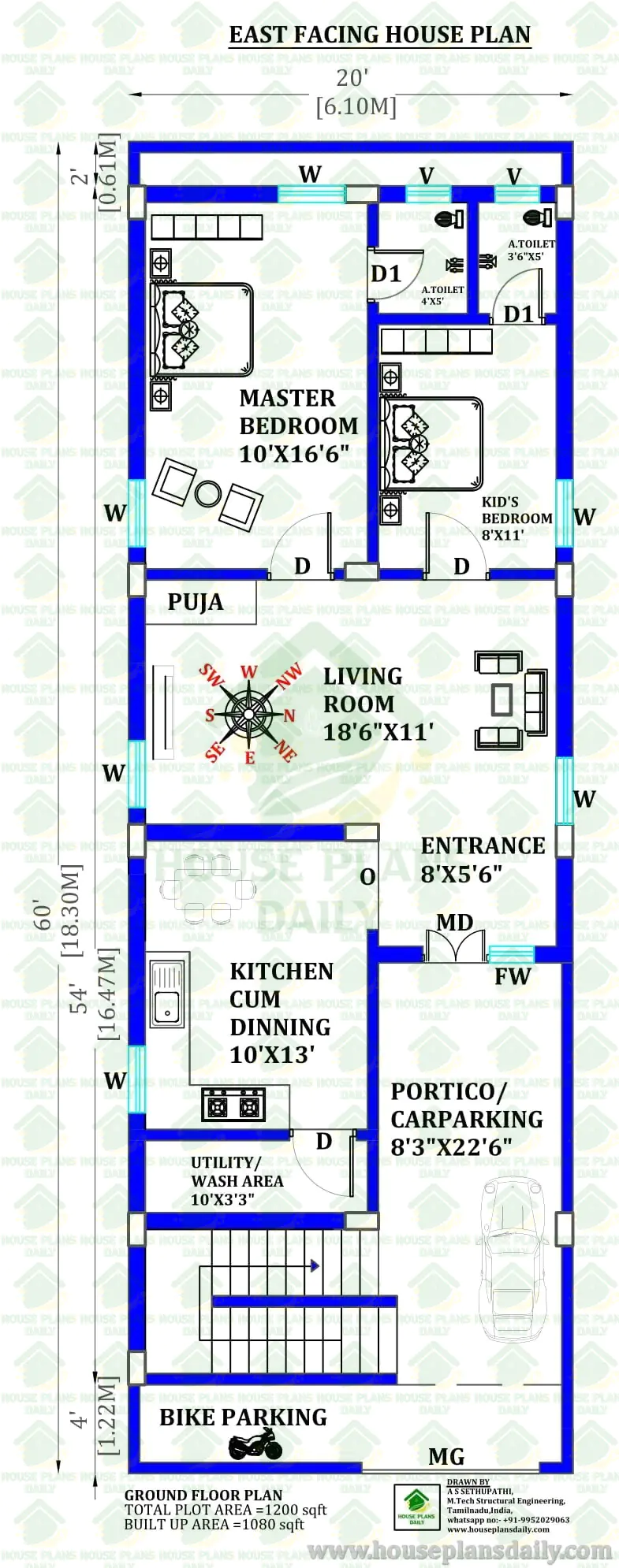 20x60 East Facing 2BHK House Plan | 1080 Sqft Ground Floor Vastu Design