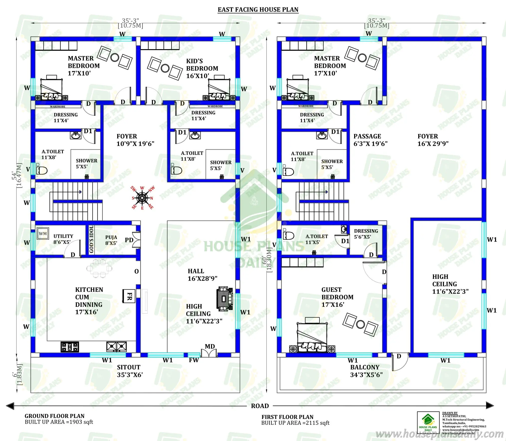 Luxury East Facing Duplex House Plan with High Ceiling Design