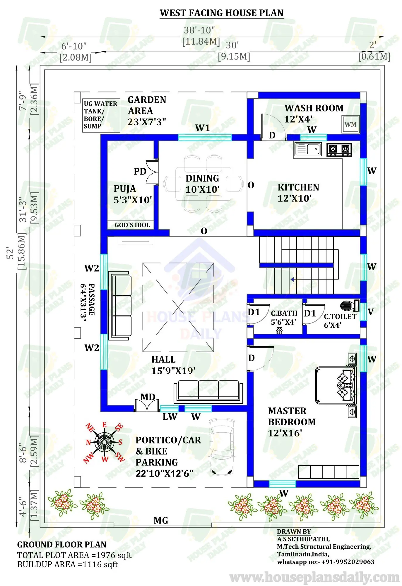 West Facing Duplex House Plan | High Ceiling Home Design