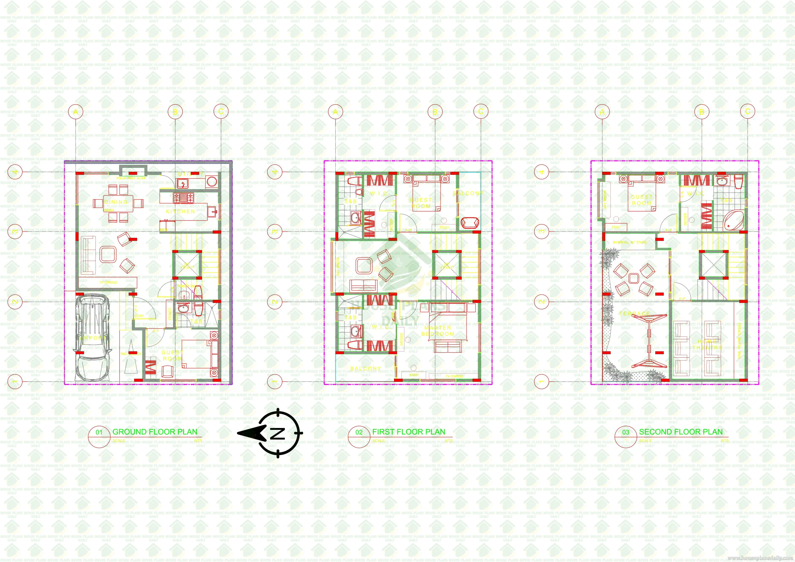 Three Story Residential Building Floor Plans and Structural Blueprints