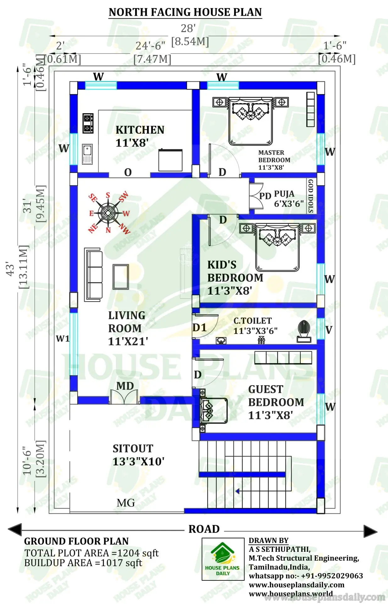 1200 SQFT NORTH FACING HOUSE PLAN | 1 STORY MODERN HOUSE PLAN