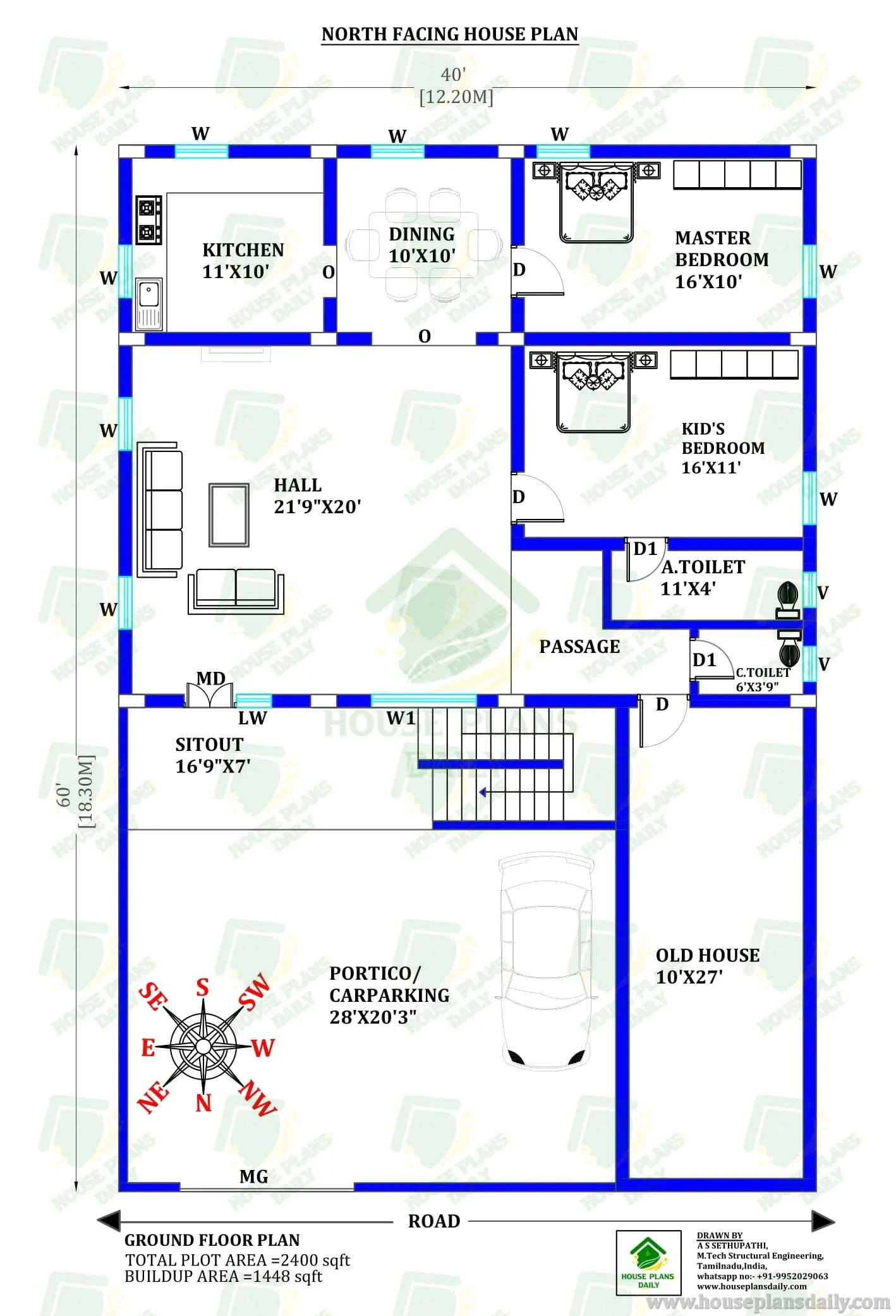 40x60 North Facing 2BHK House Plan with Car Parking | 1448 Sqft Ground Floor Vastu Layout