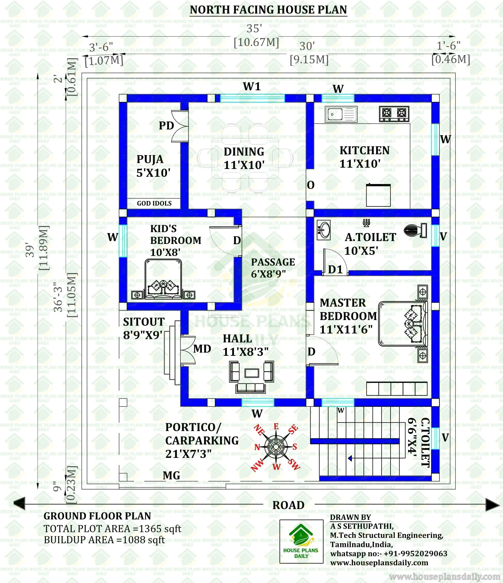 North Facing 2BHK Ground Floor House Plan