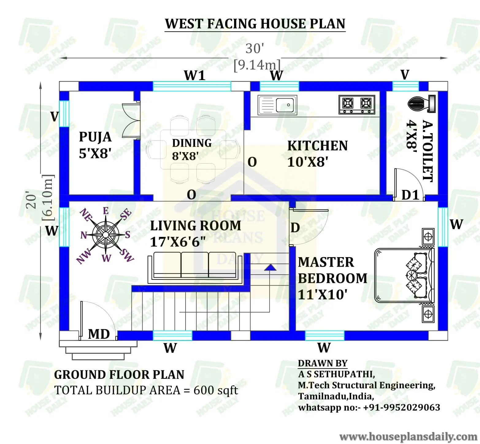 30x20 West facing House Design