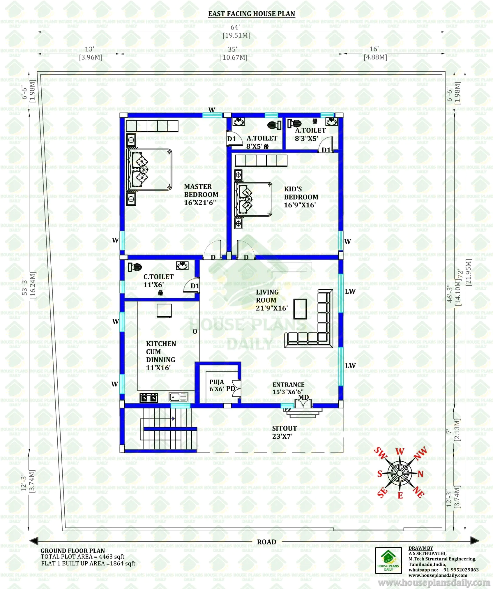 East Facing 2BHK House Plan | 1000 Sqft Ground Floor