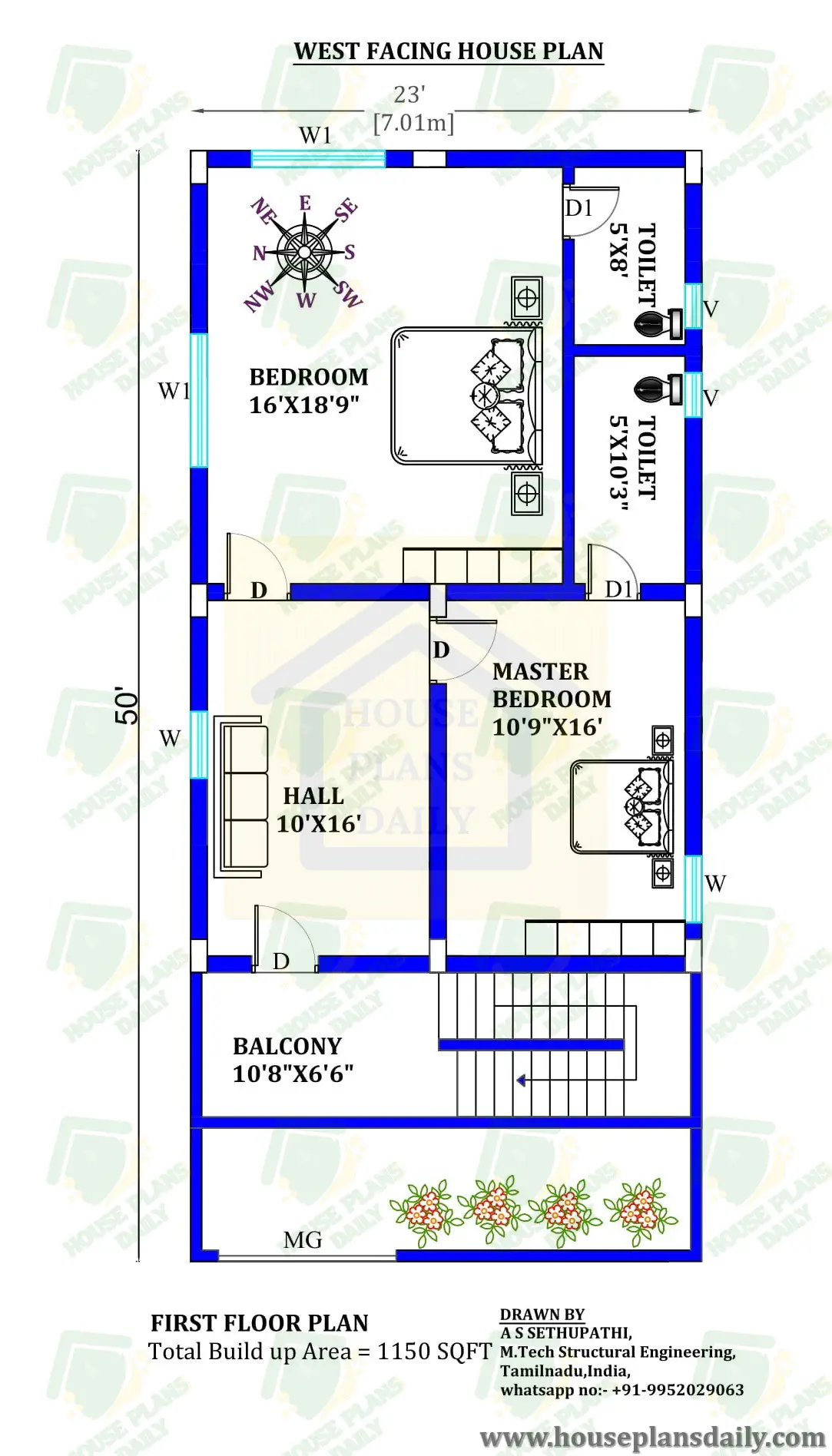 23x50 West Facing Vastu Home Plan