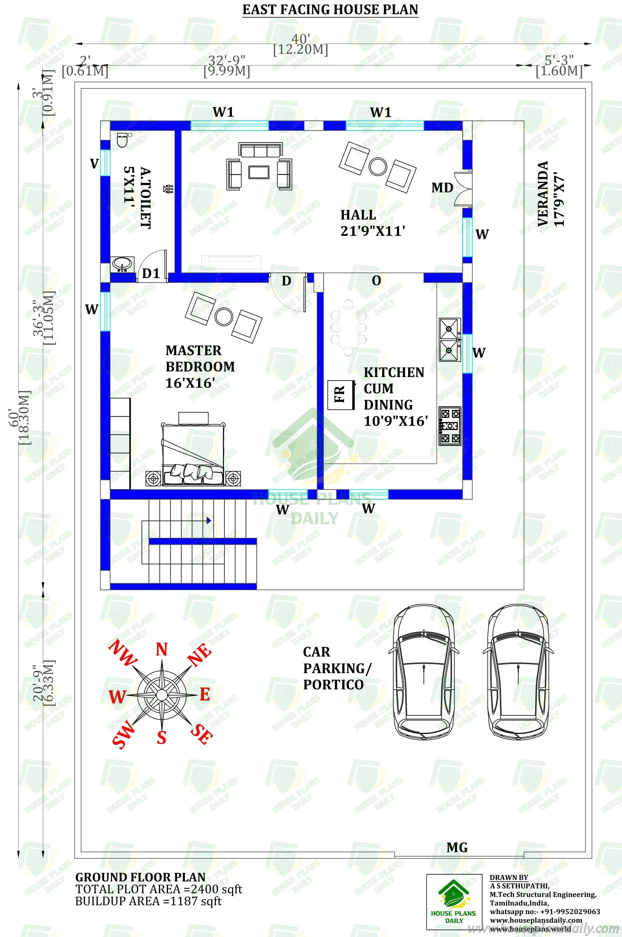 40×60 East Facing House Plan | 1 Bedroom Vastu Home Layout