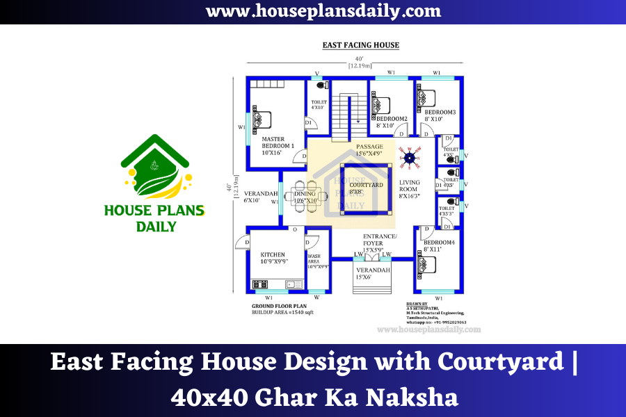 East Facing House Design with Courtyard | 40x40 Ghar Ka Naksha