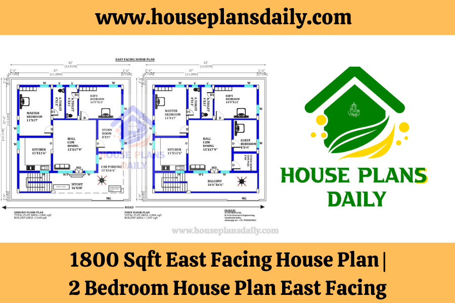 1800 Sqft East Facing House Plan | 2 Bedroom House Plan East Facing