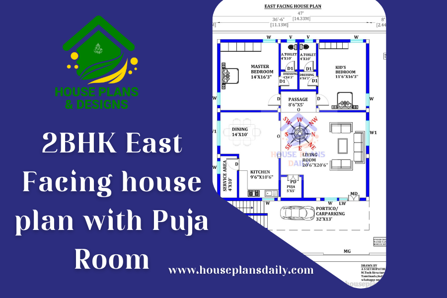 2BHK East Facing house plan with Puja Room