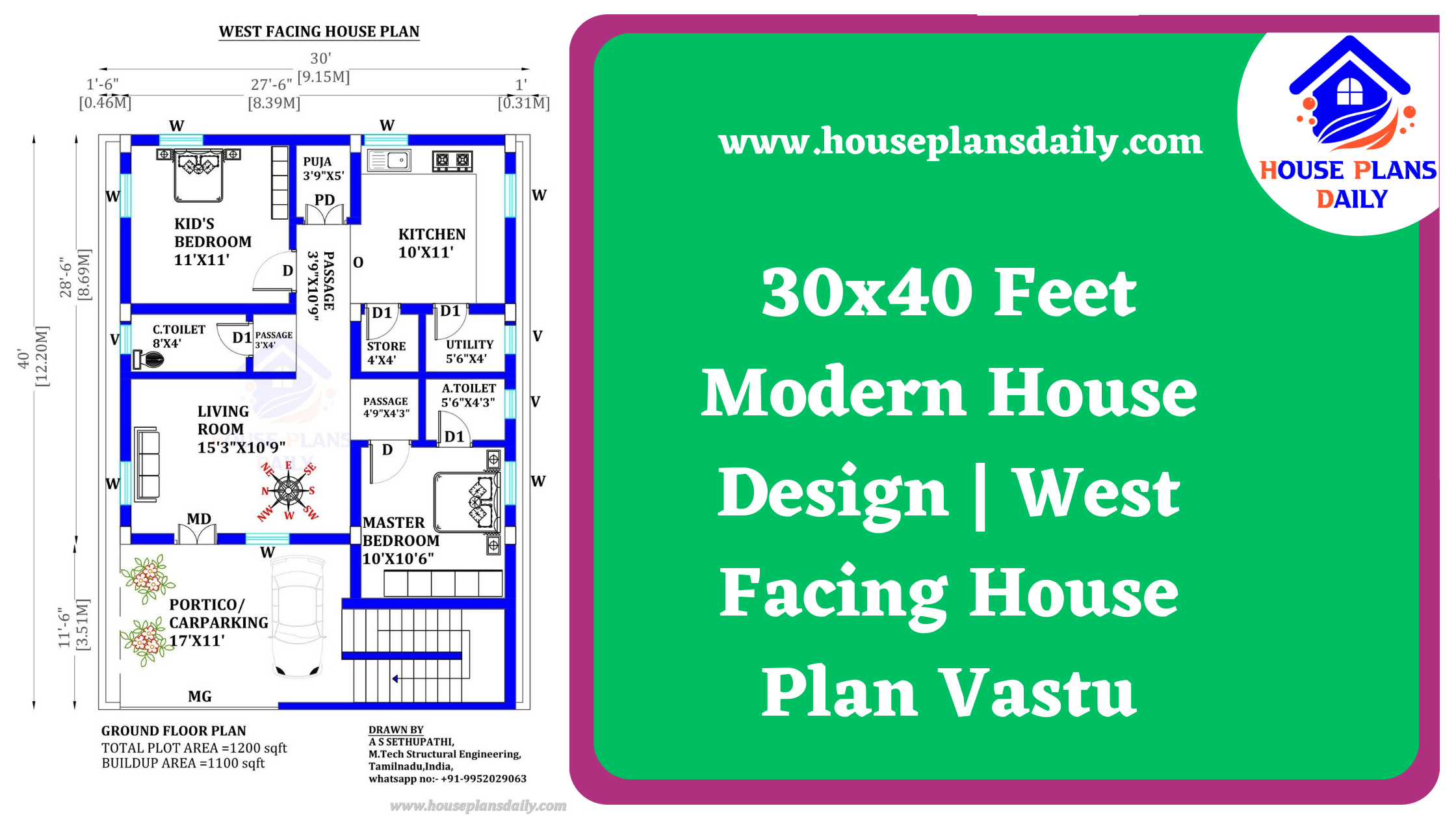 30x40 Feet Modern House Design | West Facing House Plan Vastu