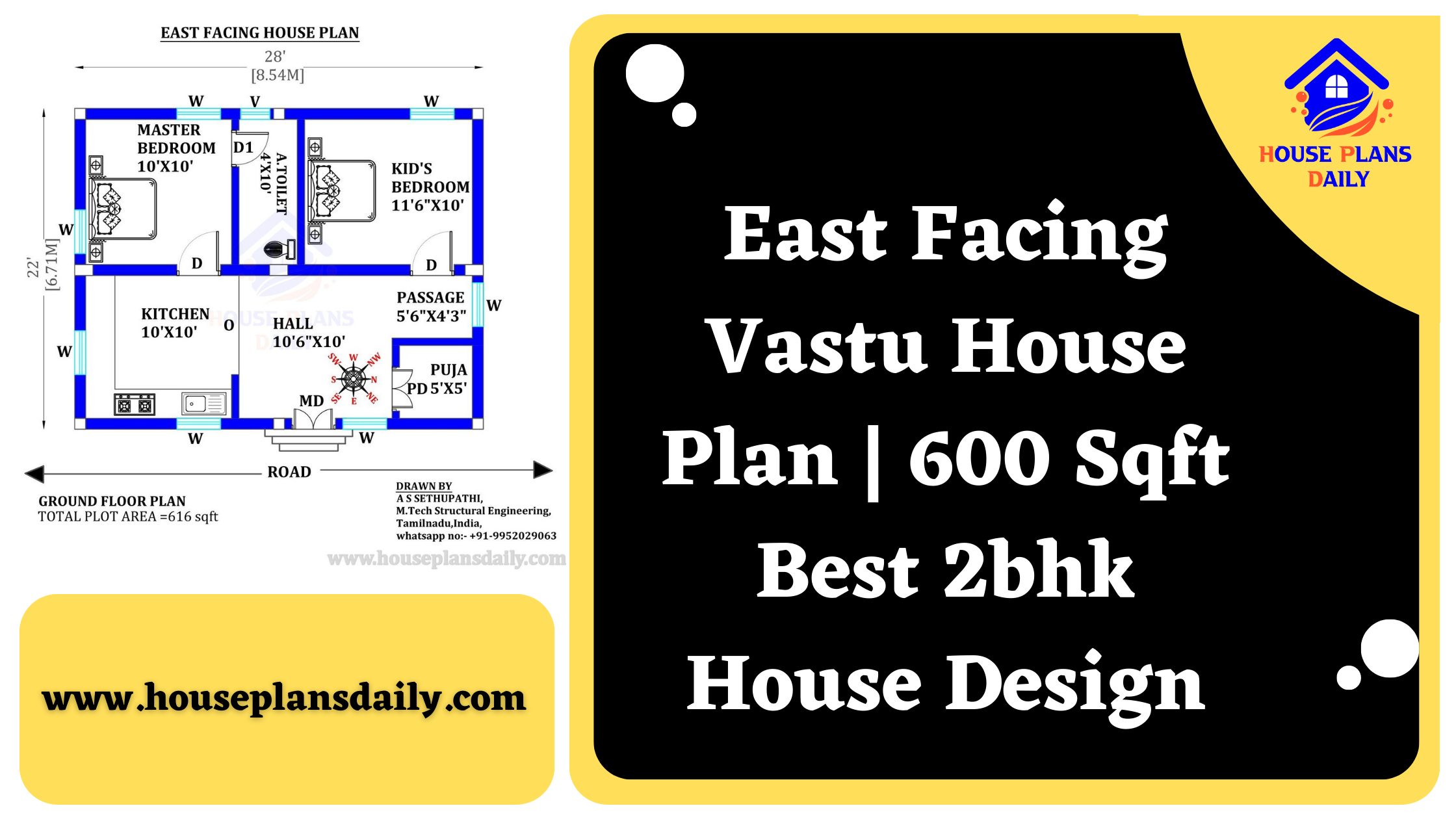 East Facing Vastu House Plan | 600 Sqft Best 2bhk House Design