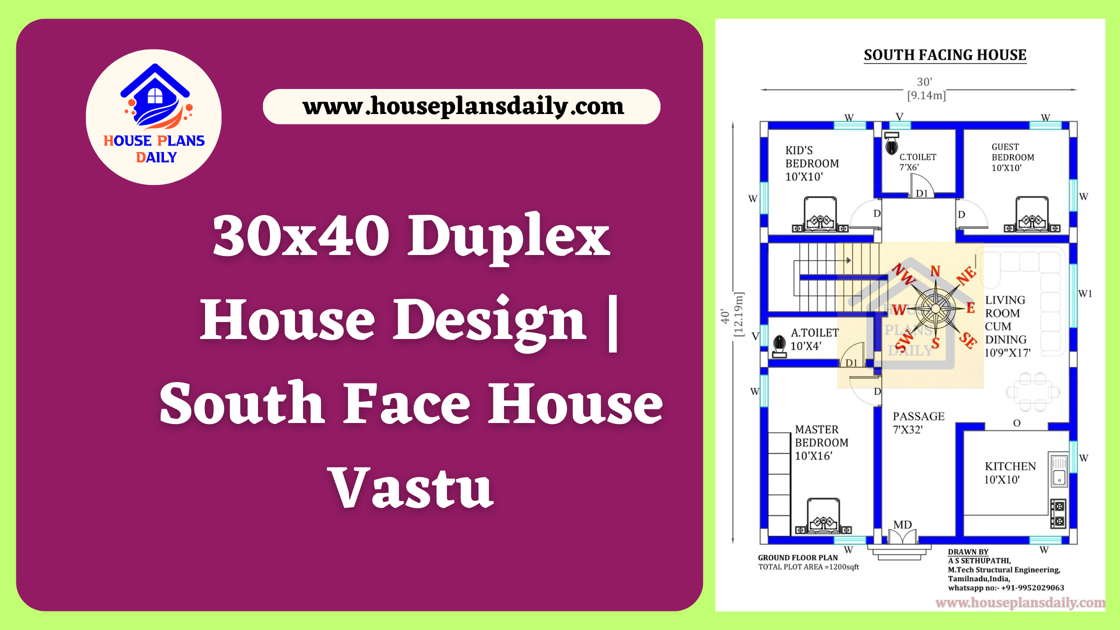 30x40 Duplex House Design | South Face House Vastu