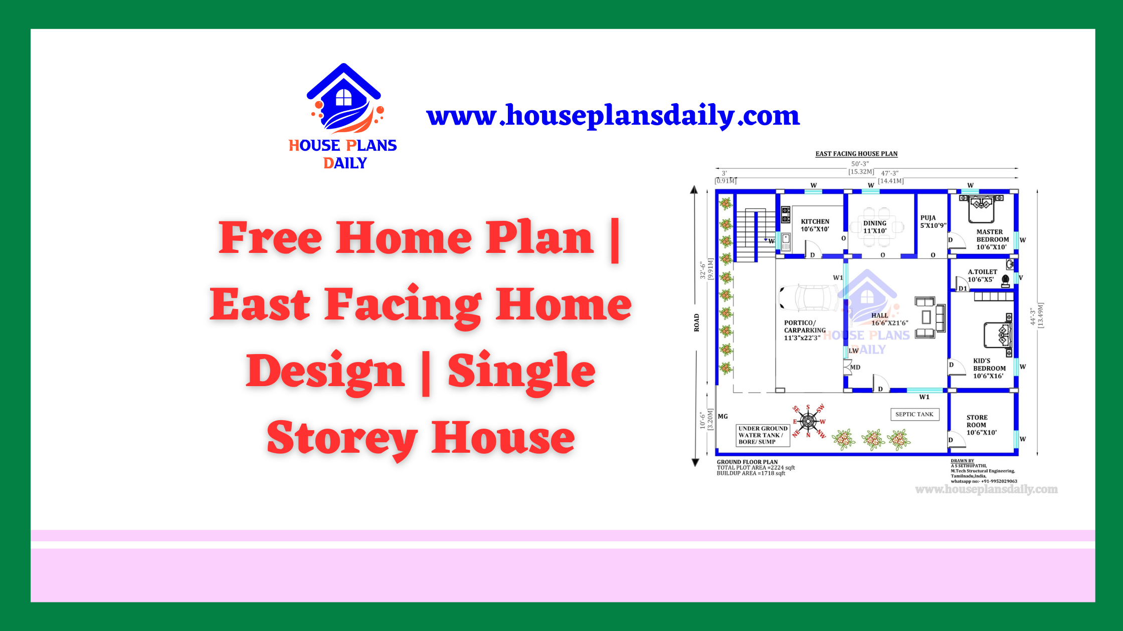 Free Home Plan | East Facing Home Design | Single Storey House