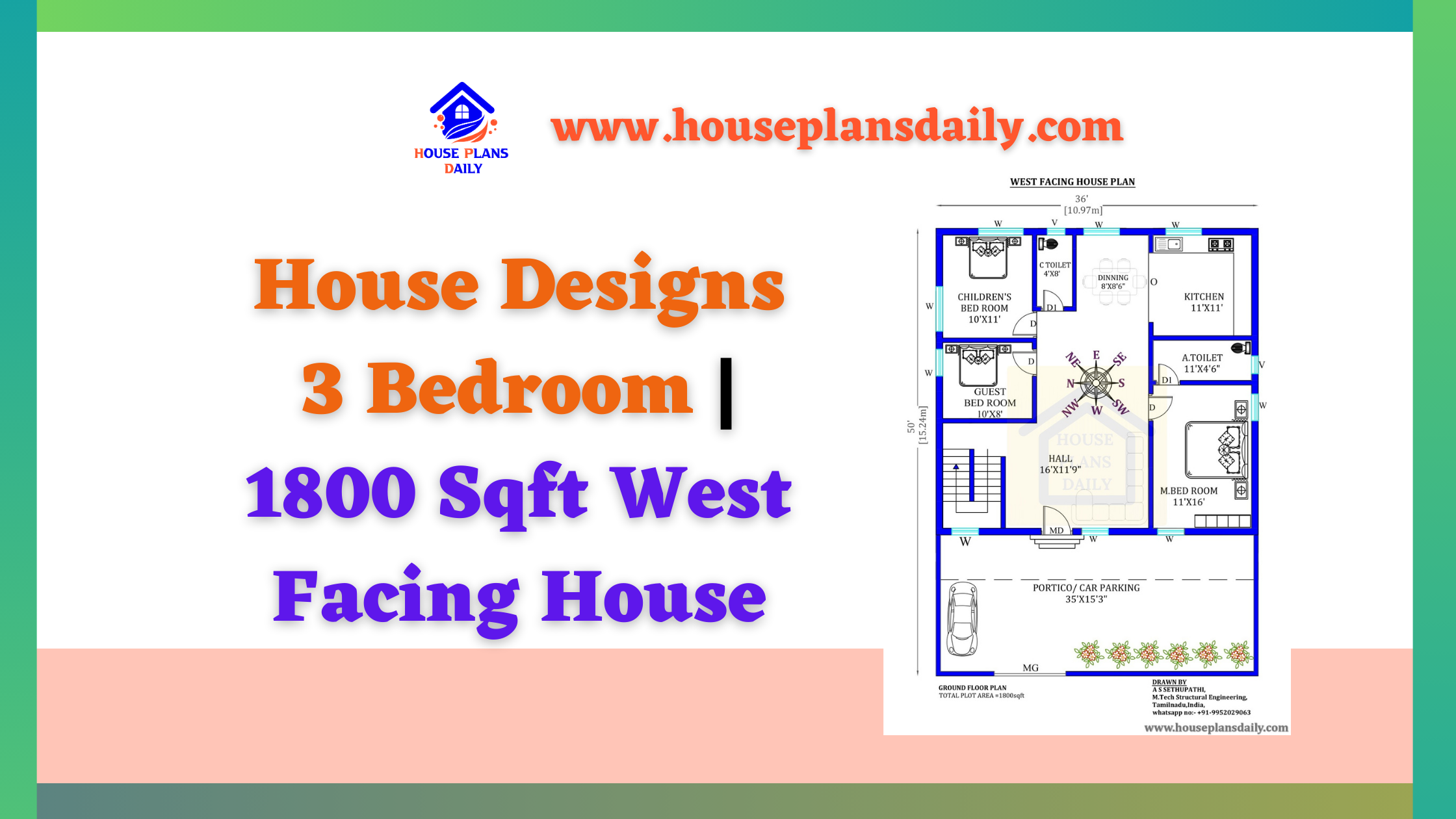 House Designs 3 Bedroom | 1800 Sqft West Facing House