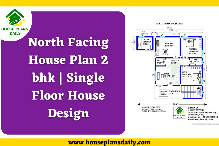 North Facing House Plan 2 bhk | Single Floor House Design