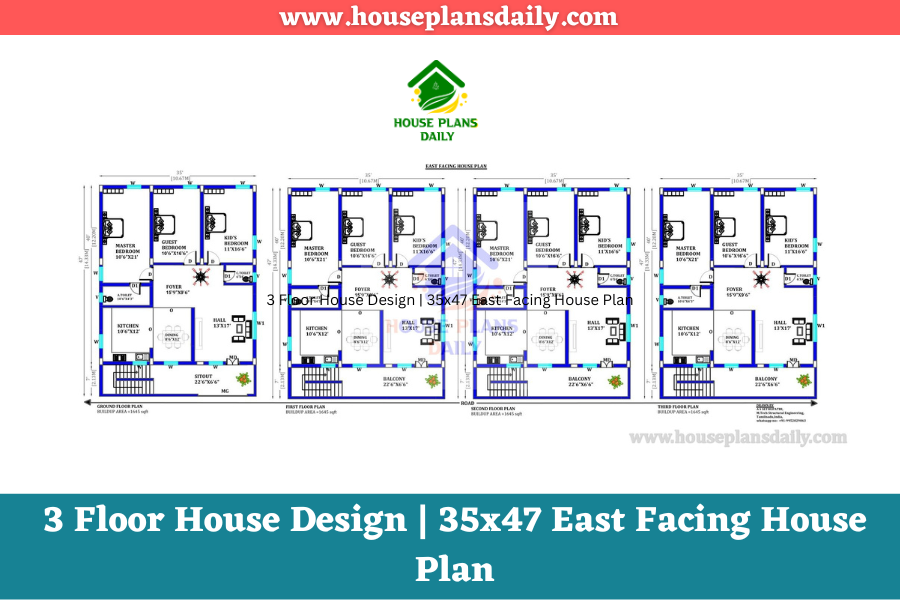 3 Floor House Design | 35x47 East Facing House Plan